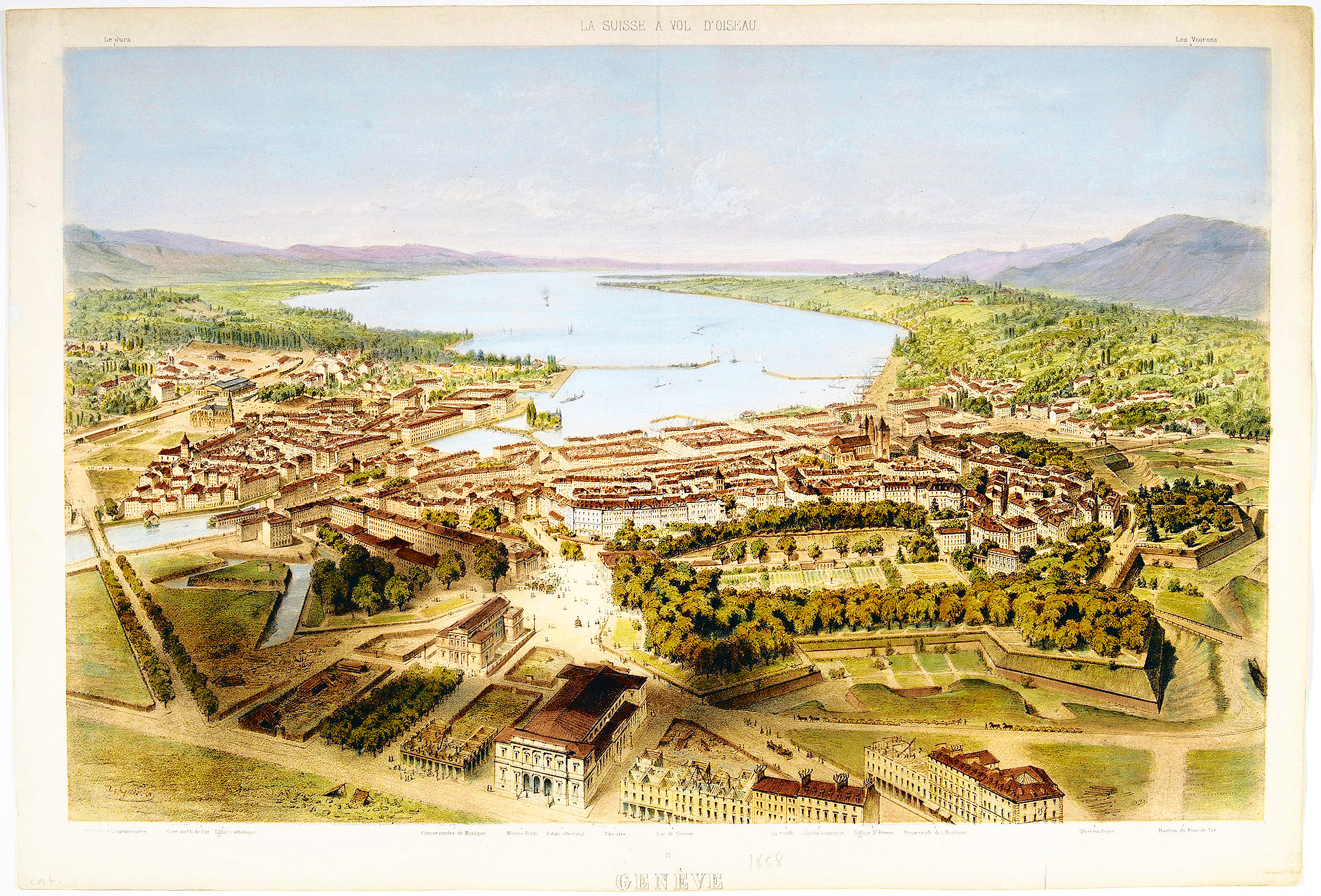 Genève, vue cavalière de la ville prise au-dessus du bâtiment électoral, lithographie aquarellée et gouachée sur papier (32 x 47,5 cm), vers 1858 (BGE)