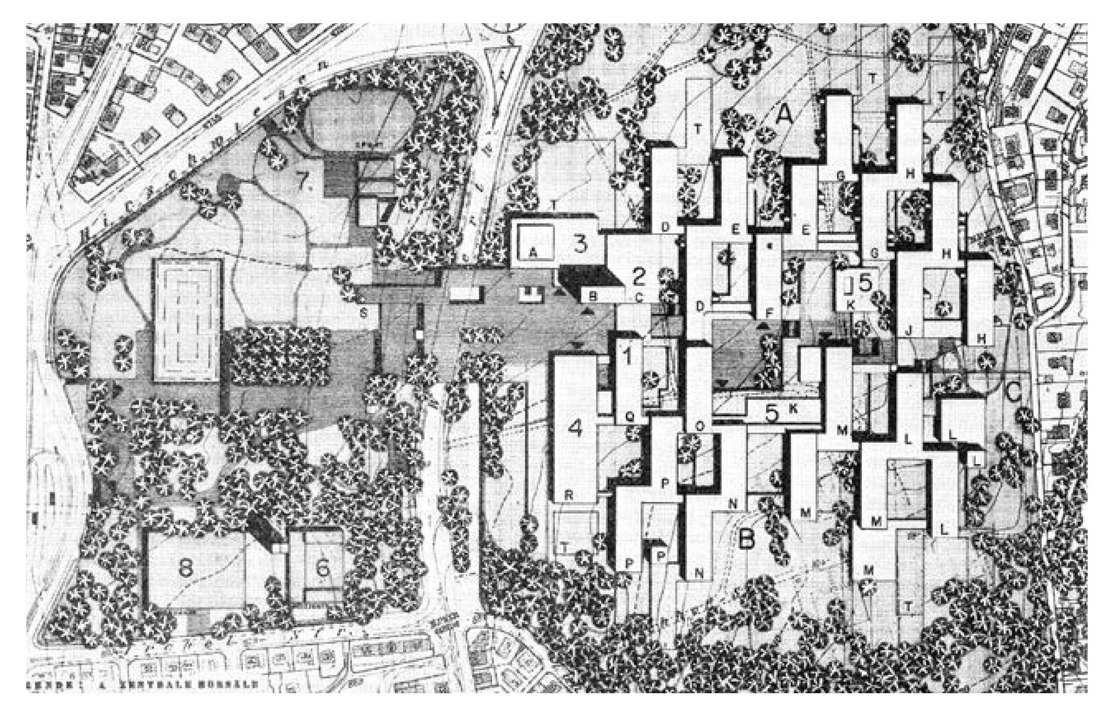 Campus Irchel, Richtplan 1969 von Max Ziegler: A Medizinische Fakultät, B Philosophische Fakultät, C Zwischenfakultätsbereich. 1. Verwaltung, 2. Zentrale Bibliothek, 3. Hörsaalgruppe, 4. Museen und Sammlung, 5. Mensa, 6. Energieversorgung, 7. Sportanlagen, 8. Parkhaus.
