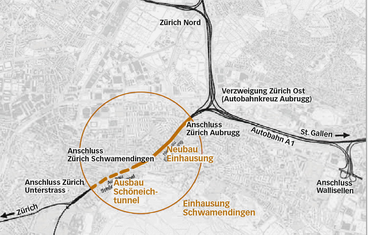 Die A1 soll zwischen Autobahnkreuz Aubrugg und dem Schöneichtunnel von einem Tagbautunnel umschlossen werden.