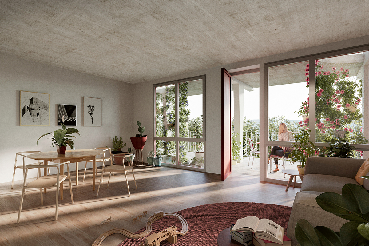 Die Durchschusswohnungen beim Entwurf von Duplex Architekten orientieren sich hin zur grosszügigen Laubengangerschliessung.