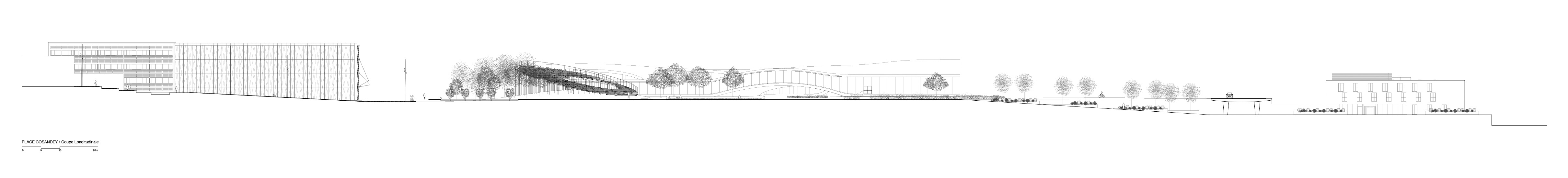 Coupe nord sud sur la place Cosandey: les aménagements proposent une série d’assises qui fabriquent différents rapports au campus, au paysage, à l’horizon.