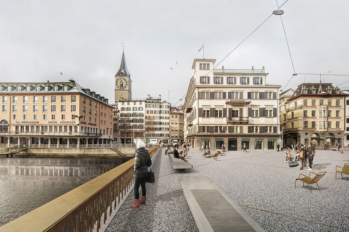 Blick gegen Süden: Das Haus zum Schwert mit den beiden flankierenden Passagen in das Quartier Schipfe.