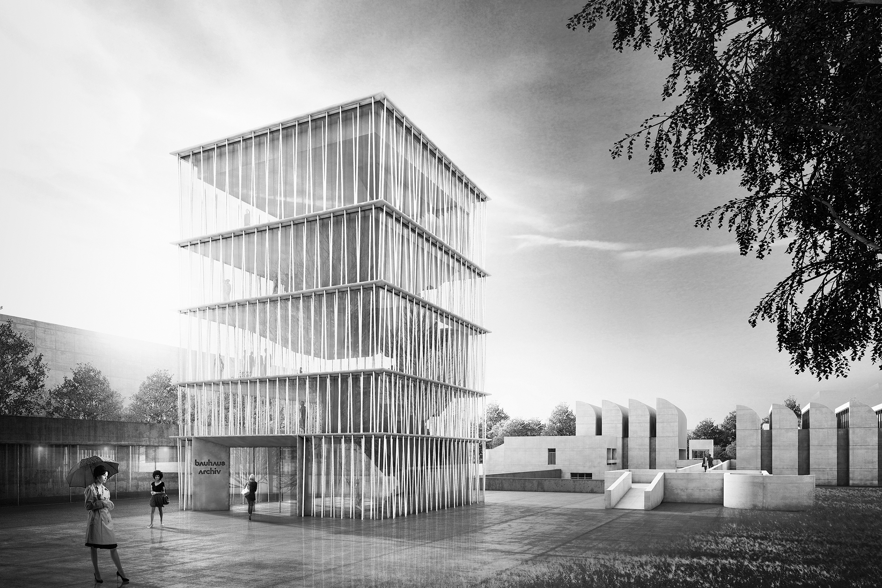 Ein filigraner, fast zarter gläserner 5-geschossiger Turm mittig auf einer Plattform und ein eingeschossiger Riegel entlang der Von-der-Heydt-Straße sind die einzigen wahrnehmbaren Elemente der Erweiterung des Bauhaus-Archivs. Alle Ausstellungsflächen werden auf einer Ebene unter der als Plateau mit eingeschnittenem Hof vollständig neu gestalteten Freiflächen angeordnet.