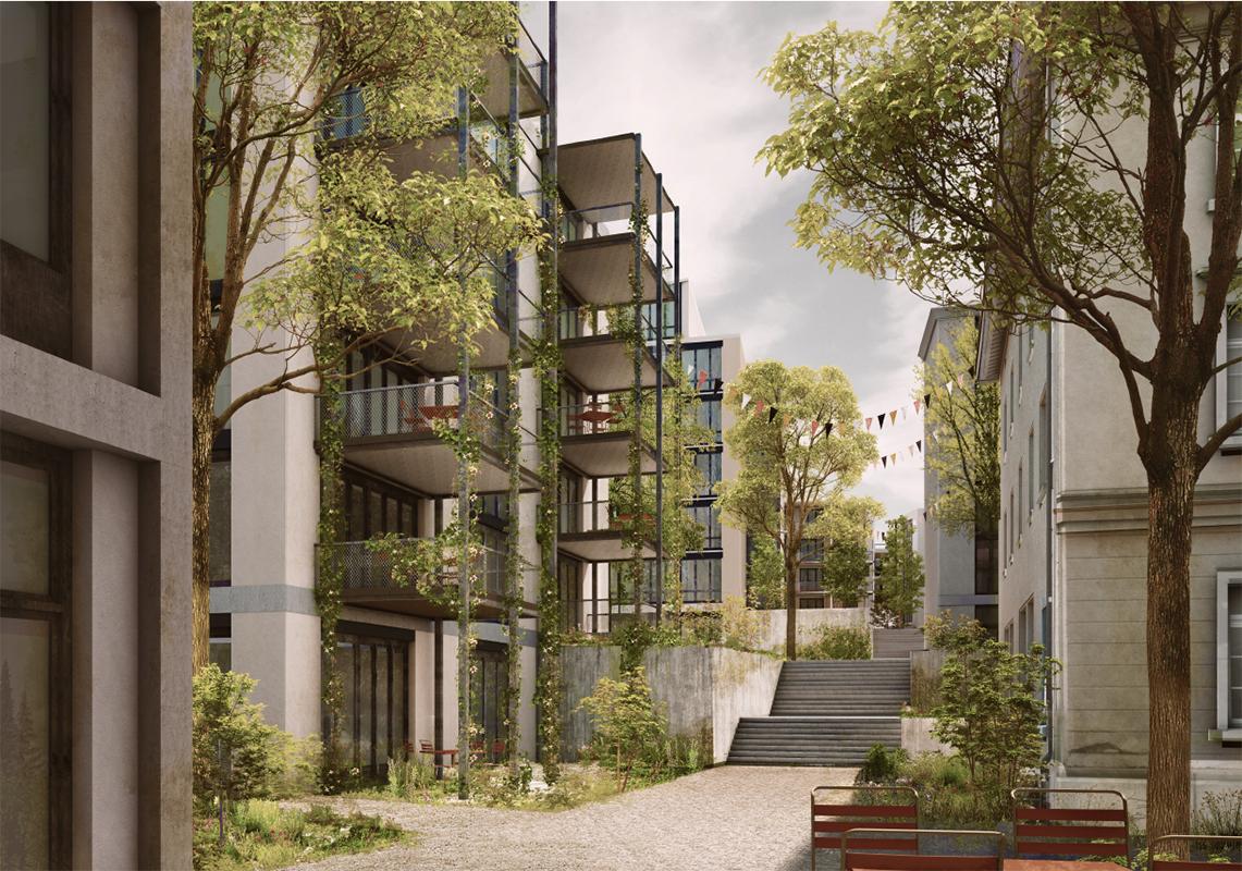 Baumberger &amp; Stegmeier mit Hoffmann &amp; Müller Landschaftsarchitektur planen für die Überwindung des Gefälles gegen Norden zum Bodensee eine grosszügige Treppenanlage auf dem Areal.