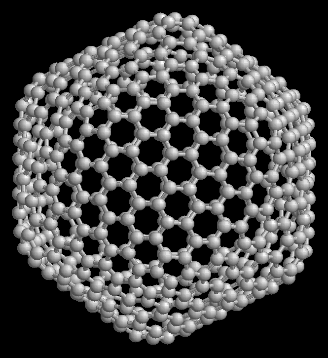 Molekülstruktur eines Fullerens, das aus 60 C-Atomen gebildet wird.