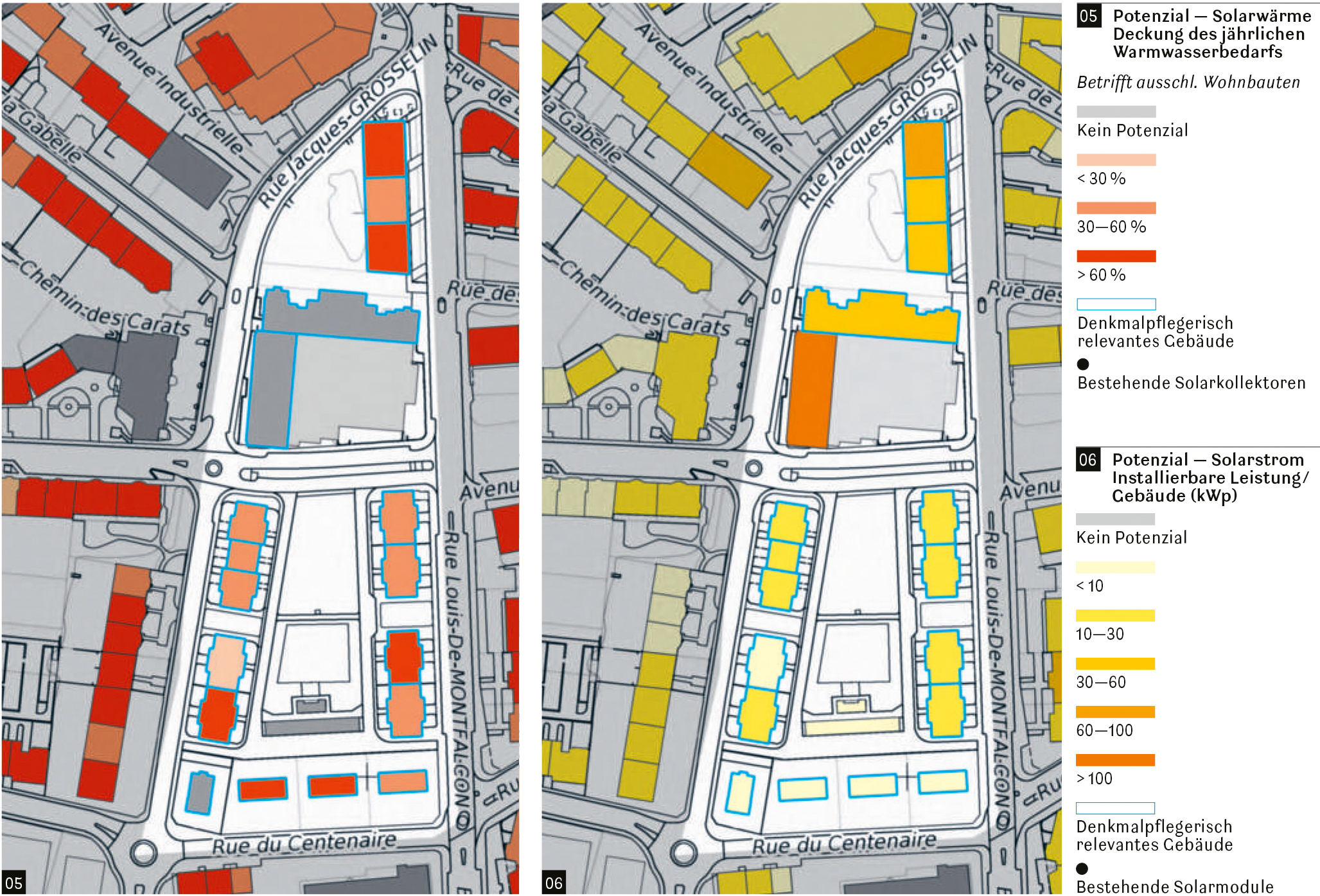 Ein Beispiel aus der Dokumentation: Das Gebiet Pervenches in Carouge GE dient mit seiner Mischnutzung, darin einige schützenswerte Ensembles, als Beispiel für einen Ort mit mittlerem Potenzial für Solarwärme und Solarstrom. Möglichkeiten zur Installation bieten das nördliche Wohnquartier und die Sportanlage.