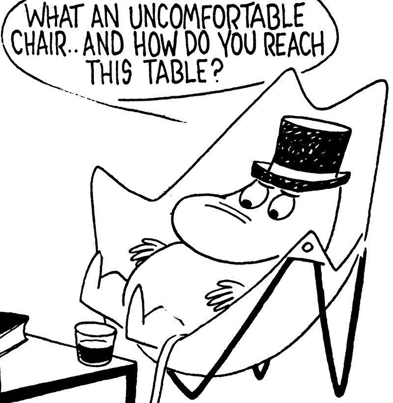 Un personaggio dei Moomin non apprezza le curve della Butterfluy Chair del Grupo Austral. Tove Jansson, «Moomin» (dettaglio), 1958