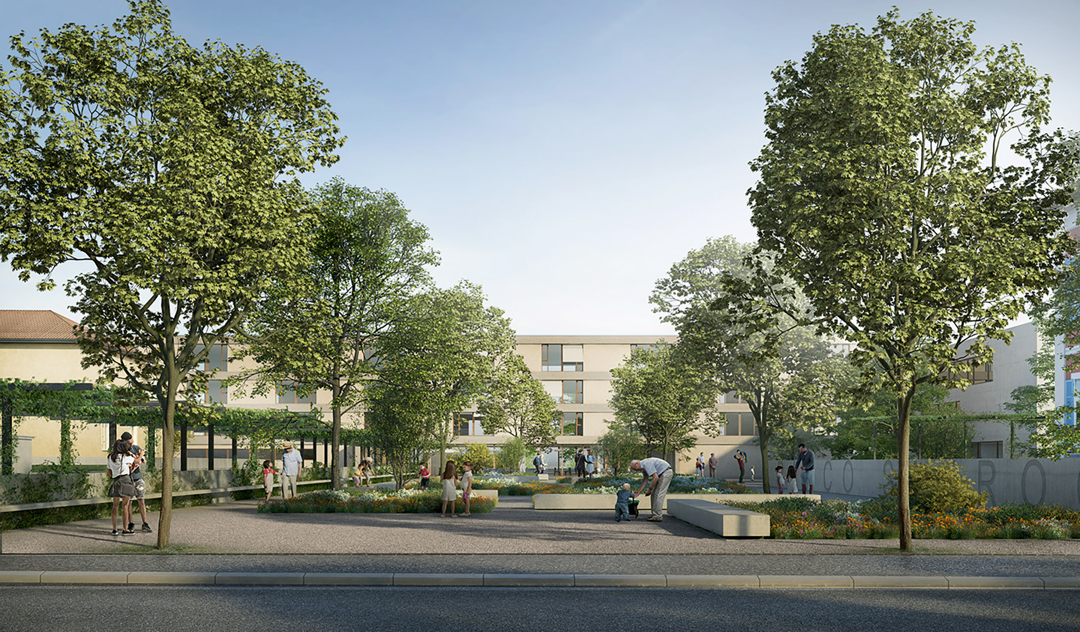 Architetti Tibiletti Associati, Render della piazza del Centro Intergenerazionale a Coldrerio