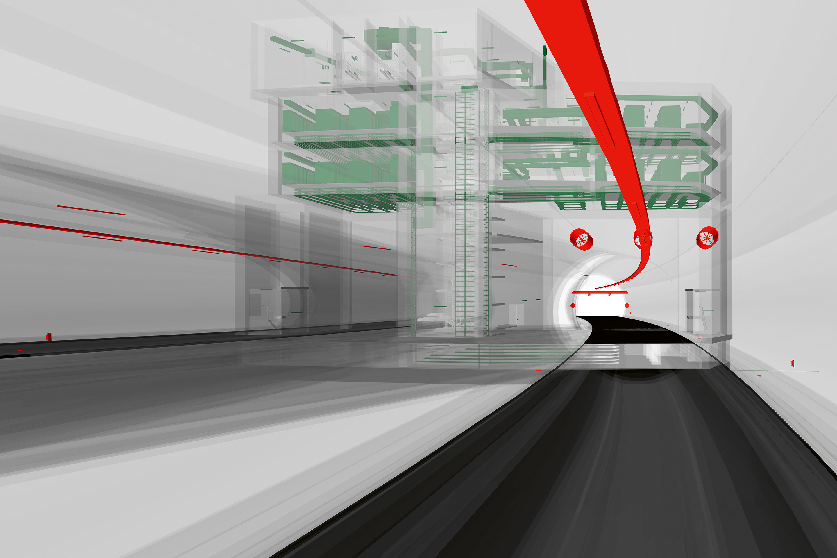 Die drei neuen Zentralen werden als statisches Modell abgebildet, die Tunnelabschnitte hingegen als parametrisches Modell,  das sich an der Tunnelachse orientiert.