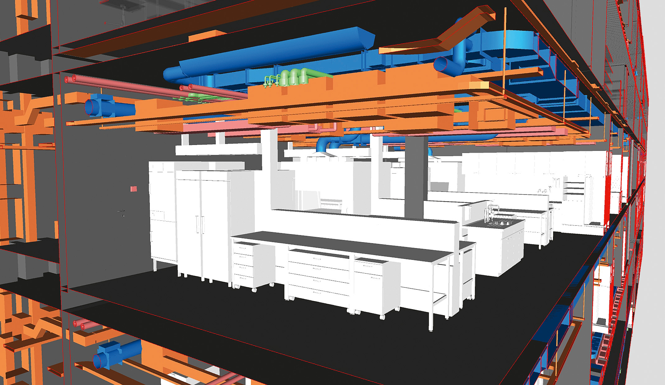 Vue détaillée d’une zone de labo­ratoire avec maquette des ­équipements et, au plafond,  les installations de chauffage, ­ventilation, climatisation,  sanitaires et électricité.