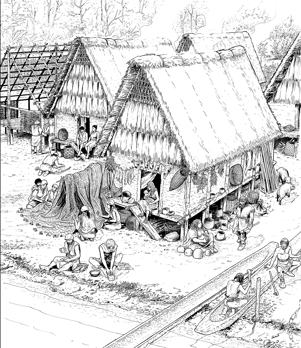 Fig. 1: Reconstitution hypothétique de maisons du Néolithique final, sur les bords du Léman vers 2700 av. J.-C.