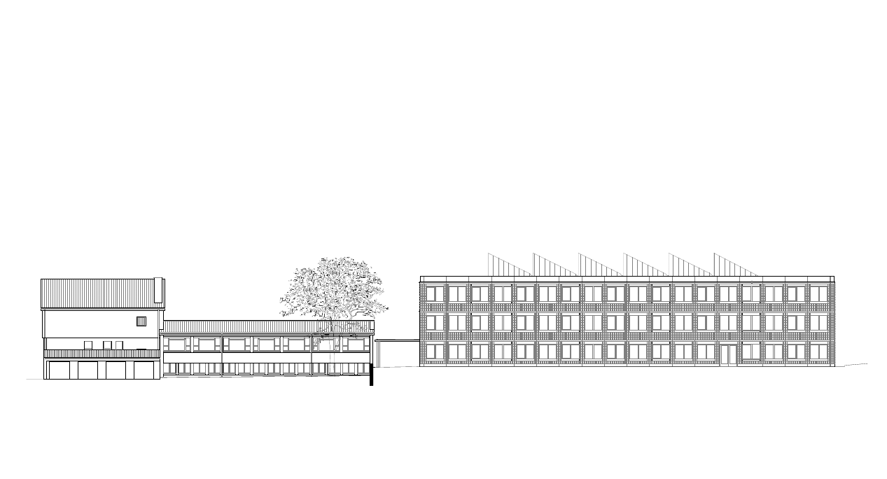 Nord-West-Fassade: Das Fragment des 1950-Jahre Baus steht neben dem Neubau.
