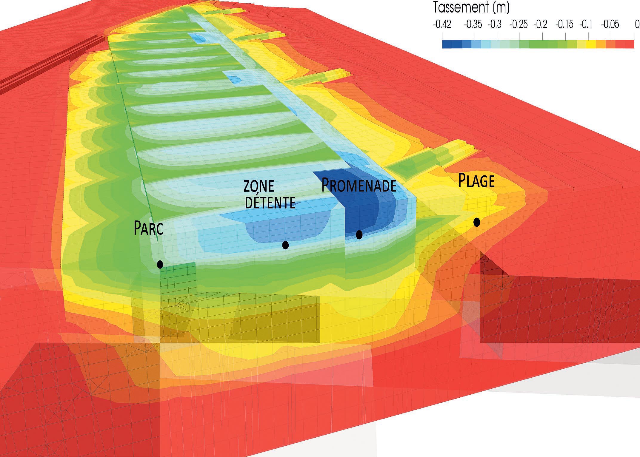 Fig. 13 :  Coupe transversale du modèle 3D au centre du projet avec estimation des tassements
