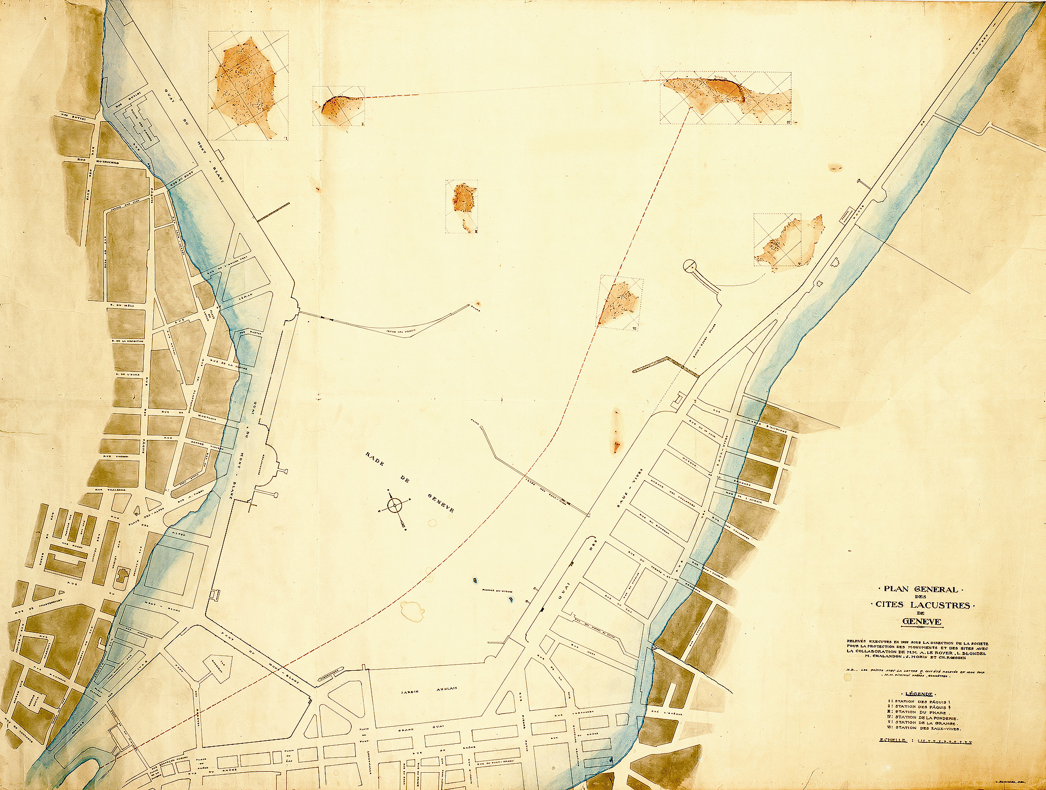 Relevé des stations lacustres de la rade de Genève par L. Blondel et A. Le Royer, 1922. Document CIG-BGE
