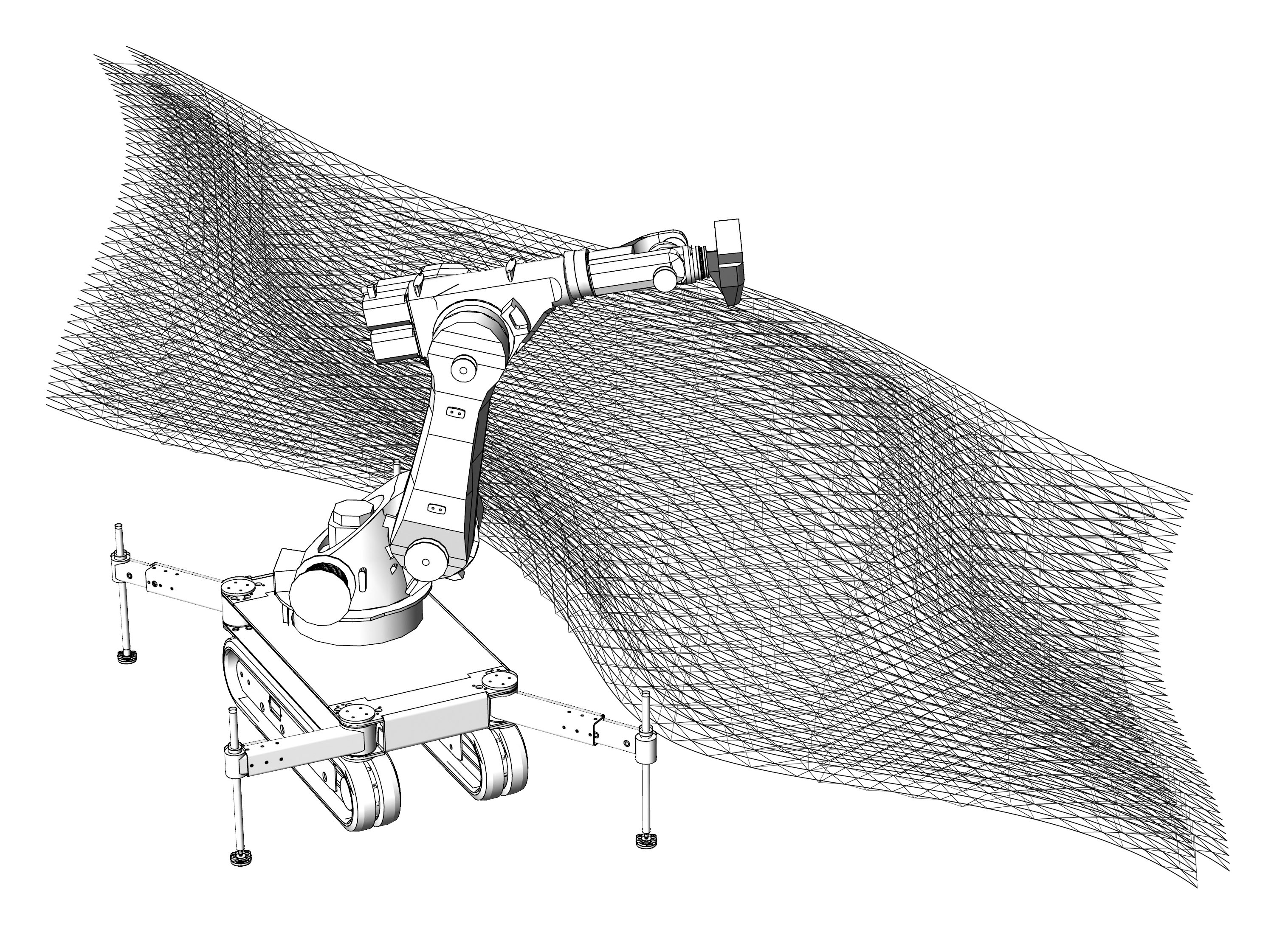 Le dessin représente la fabrication du Mesh Mould, un procédé qui vient d’être inventé, réunissant coffrage et armature en un seul processus automatisé de construction.