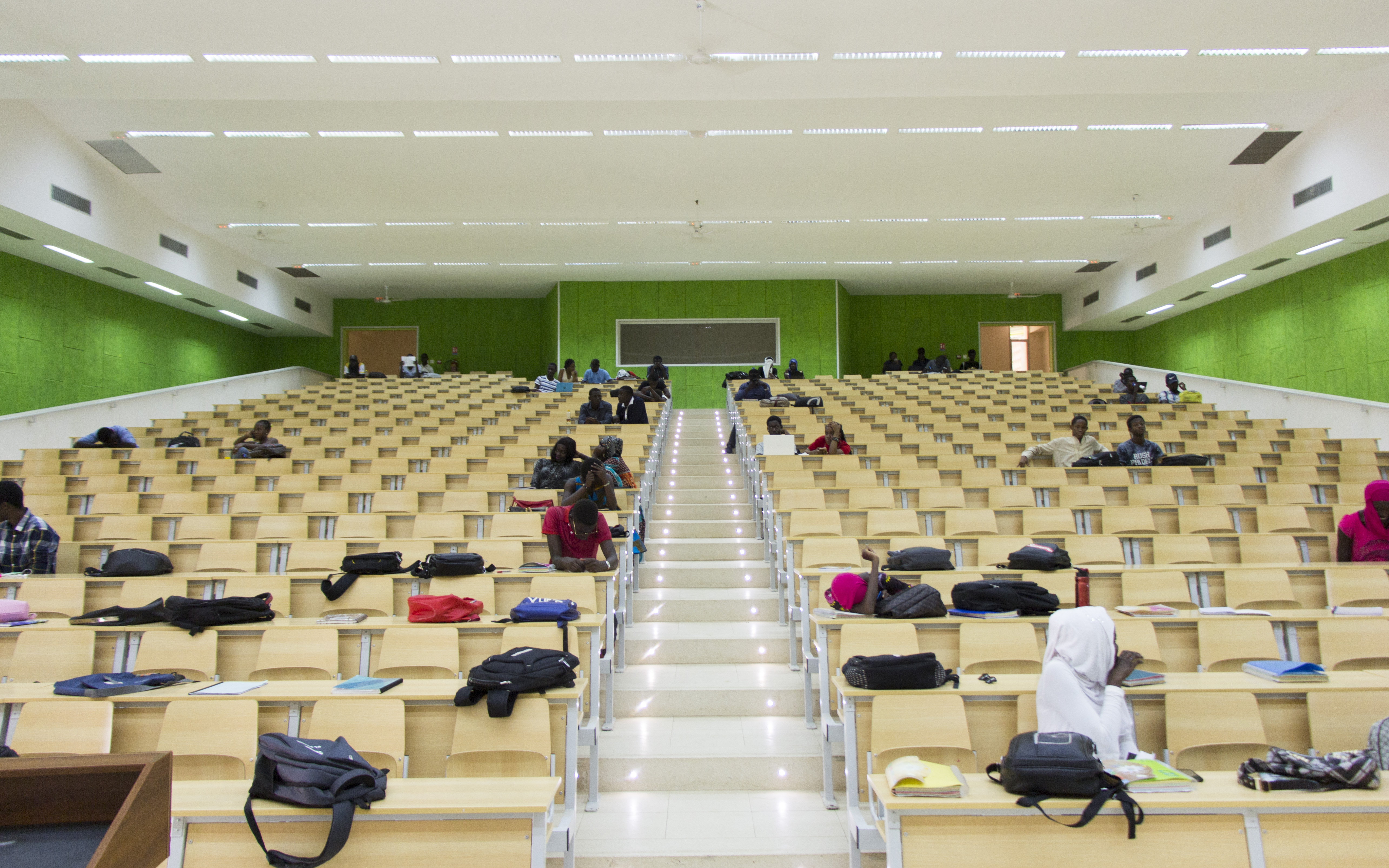 The amphitheater can accommodate up to 500 students. Its walls are covered by 60 x120 cm wood fiber panels, painted and then screwed onto a metal frame.