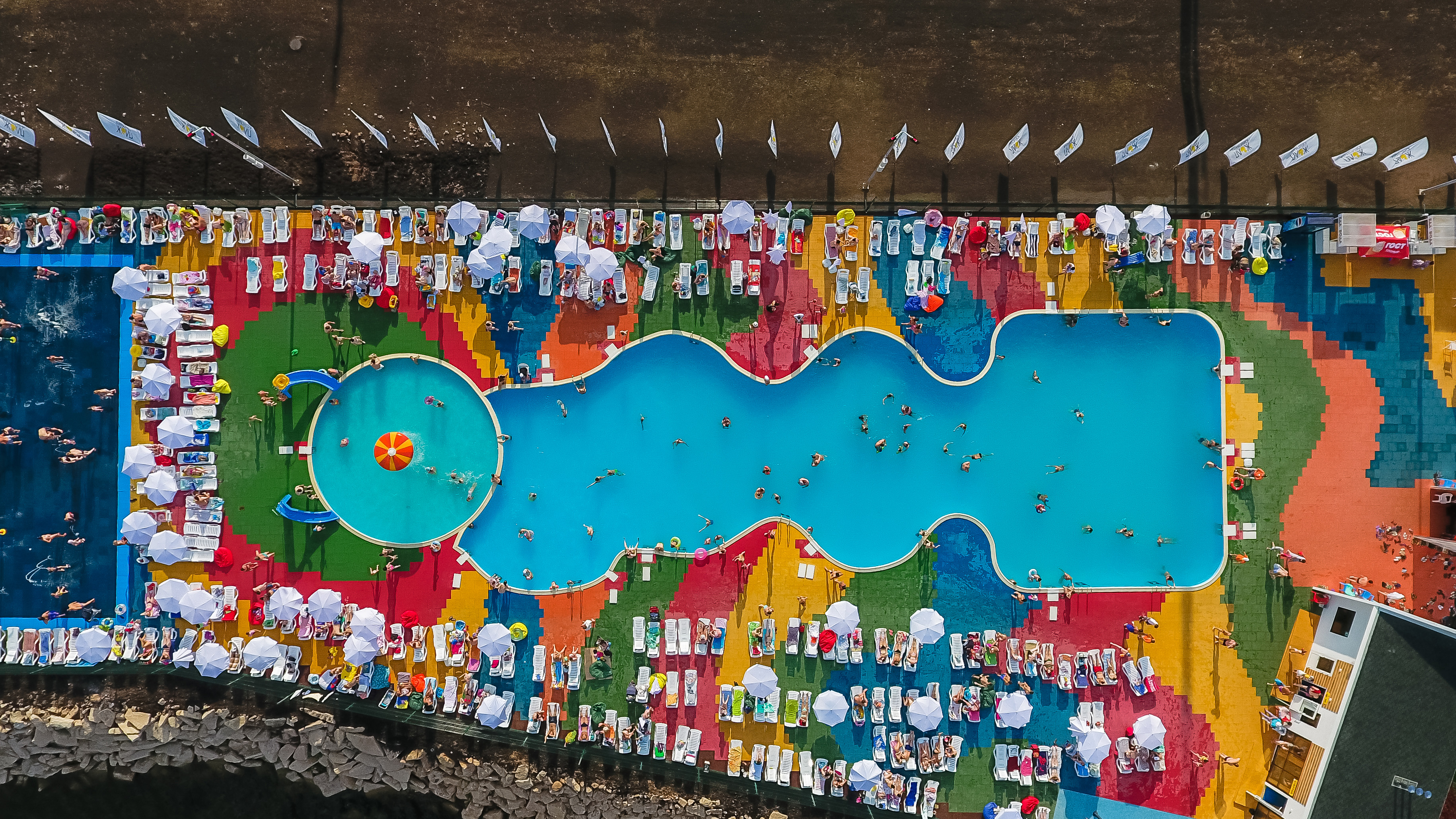 Aerial view of the swimming pool by the city beach, Almetyevsk.
