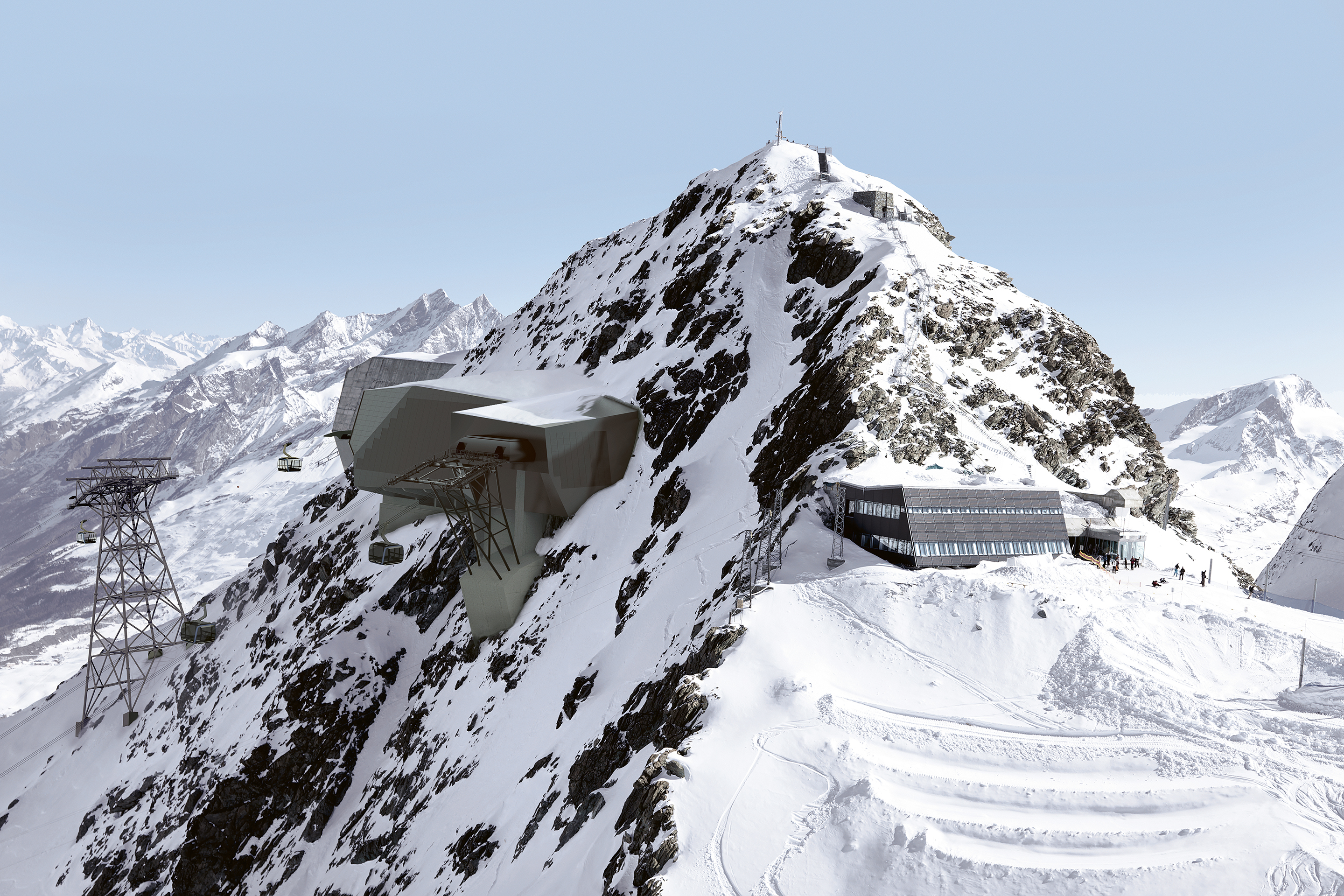 Visualisierung der neuen Luftseilbahnen am Klein Matterhorn: hinten die Gipfelstation der Pendelbahn Glacier Paradise 1 ­(Inbetrieb­nahme 1979), davor der Matterhorn glacier ride (2018) mit dazugehöriger Stütze 3 und vorn Alpine Crossing  (geplante Inbetrieb­nahme 2021). Rechts das bestehende Restaurant mit dem Ausgang zum Skigebiet.