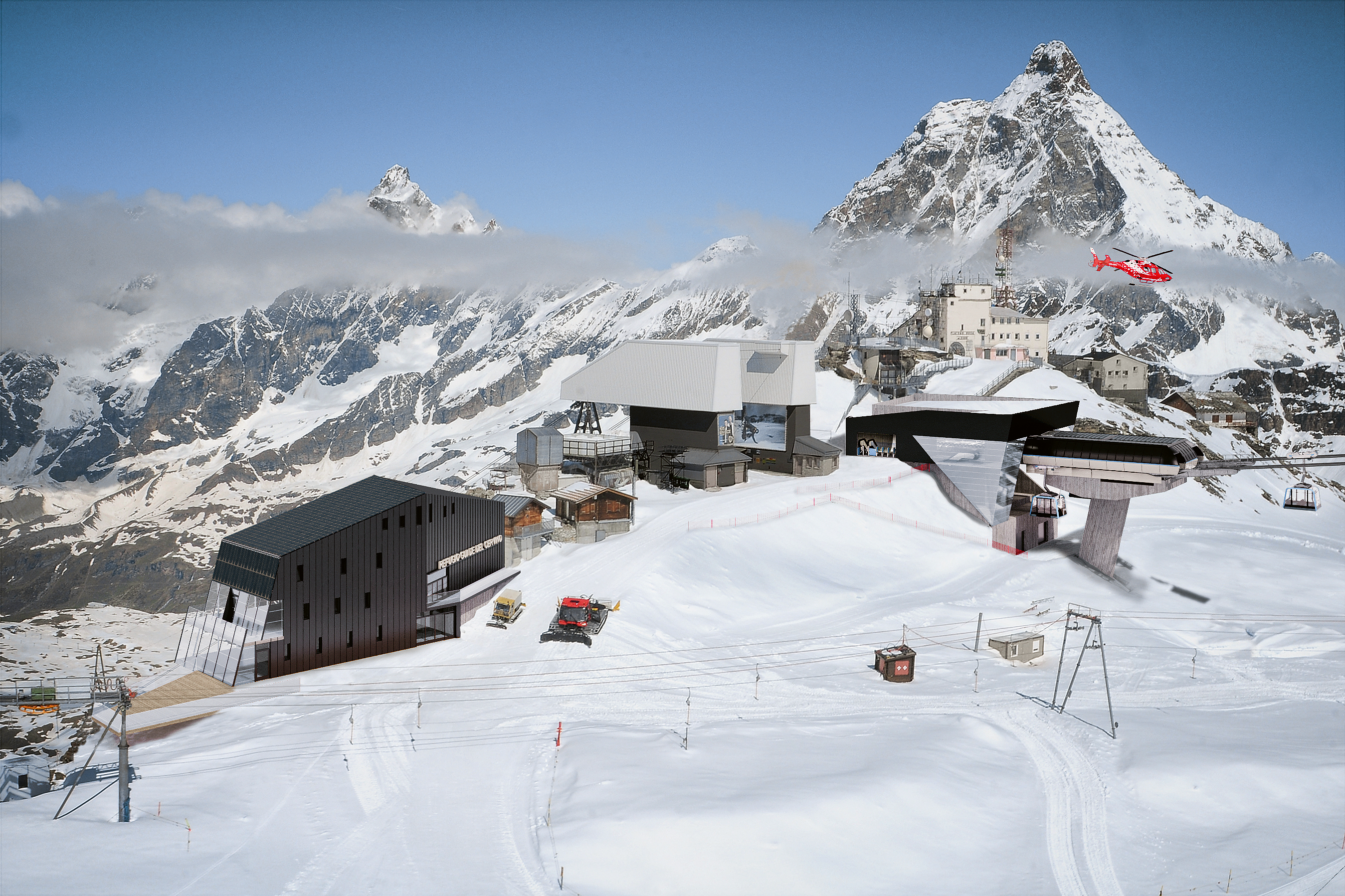 Visualisierung der Talstation des Alpine Crossing auf Testa Grigia (rechts). Die bestehenden Gebäude sollen im Rahmen eines Architekturwettbewerbs verschönert werden.