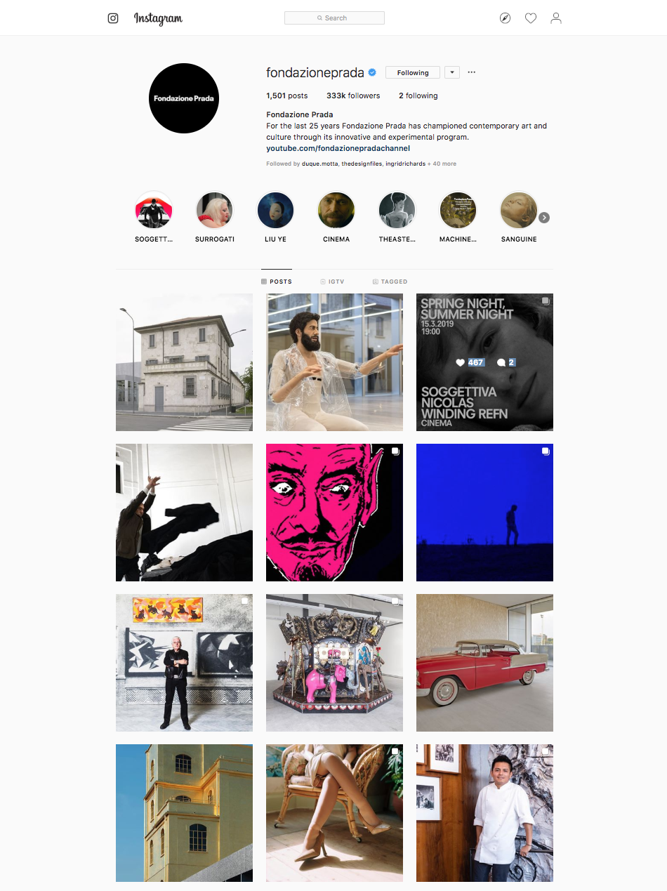 Il profilo Instagram della Fondazione Prada