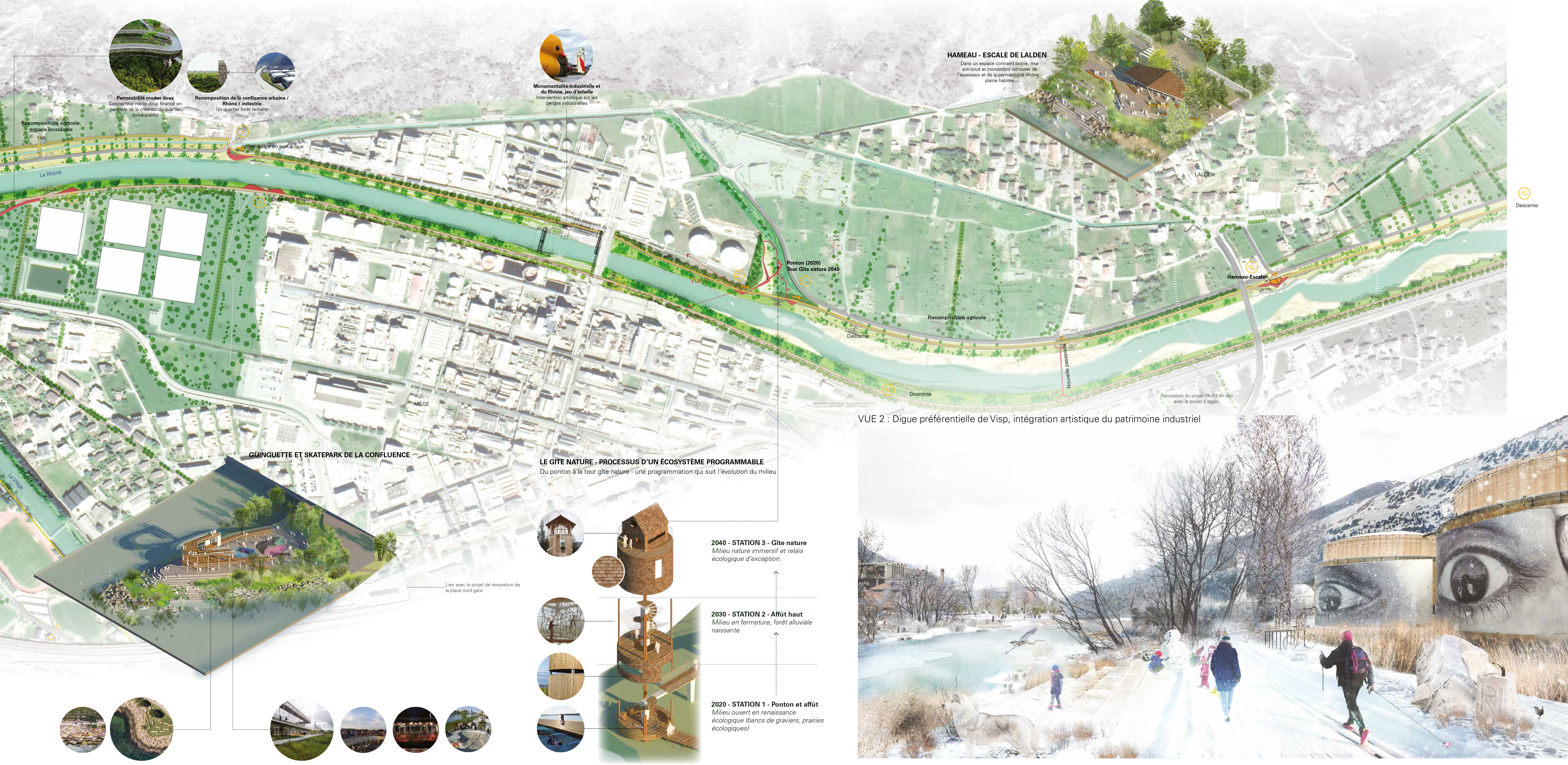 Acte : Programmer l’ensemble des milieux du RHONATUREPARC. Installer les allées du Rhône qui relieront, au plus court, les berges du Rhône au coeur des villes et des villages. Au bout de ces allées, sur la berge, des hameaux, co-constructions collaboratives, forment un espace programmatique intense. Le hameau sera l’ambassade des valeurs endémiques communales dans le RHONATUREPARC.