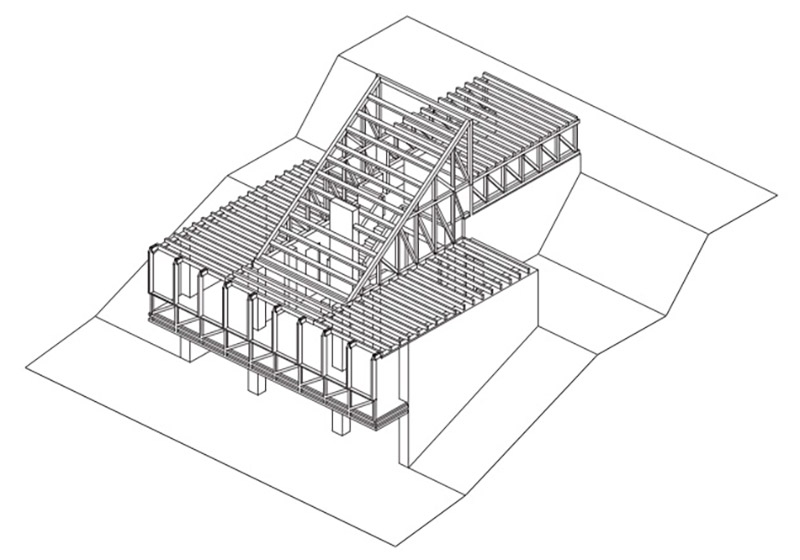 Tita Carloni, Casa Taddeo Carloni a Rovio, 1968. Assonometria della scatola muraria e della carpenteria in legno delle diverse coperture