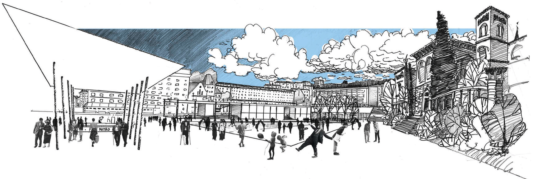 3e rang, projet «...et en dessous coule une rivière!», la Place de la Riponne depuis le couvert