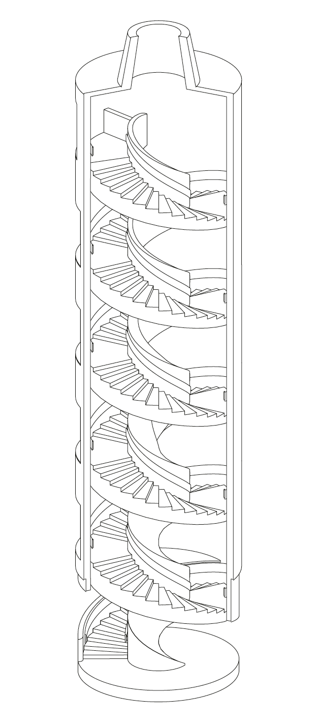 Die Spindel­treppe mit ihrem  zunehmenden Kerndurchmesser der Brüstung bringt die Lasten punktgenau in die Untergeschosse.