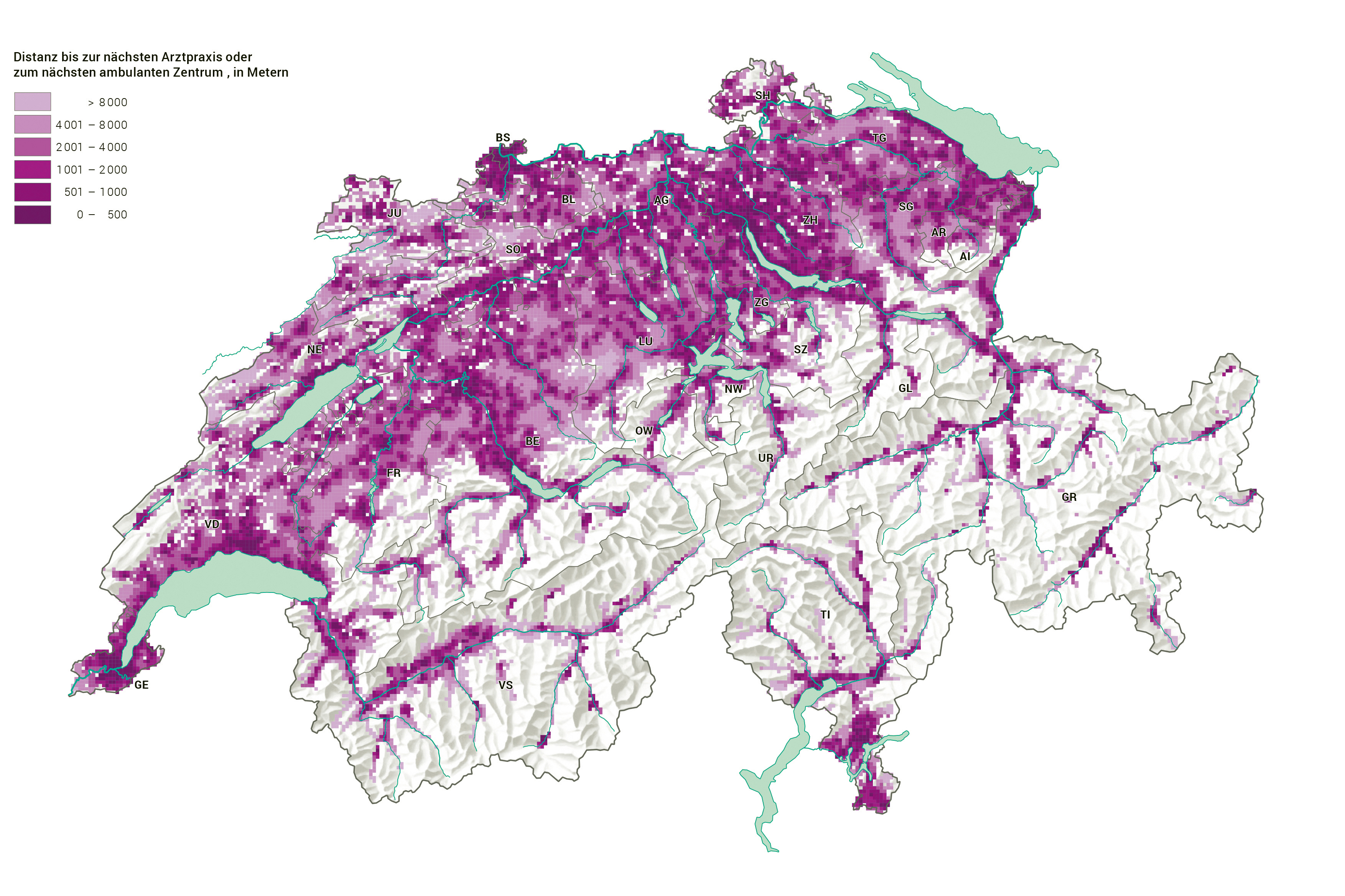 Ein enges Netz von Spitälern und Arztpraxen durchzieht die Schweiz. In rund 30 Minuten erreichen weit über 90 %  der Bevölkerung von ihrem Wohnort aus ein Allgemeinspital (Stand 2017).
