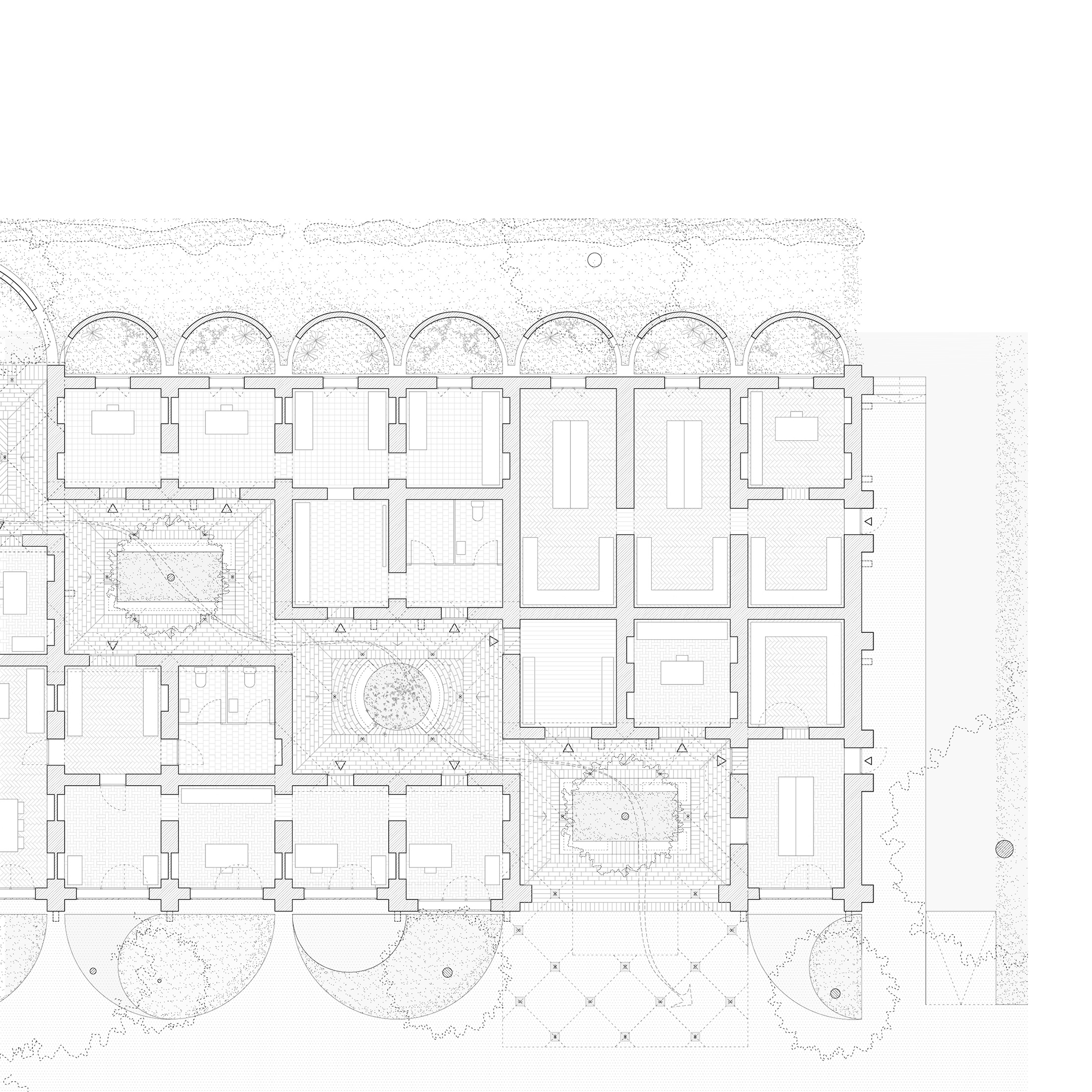 NOMOS architects, Centro medico-chirurgico a Kaya, Burkina Faso, 2016-2021. Estratto della pianta dell’edificio con reception, amministrazione, laboratori di analisi, farmacia e deposito.