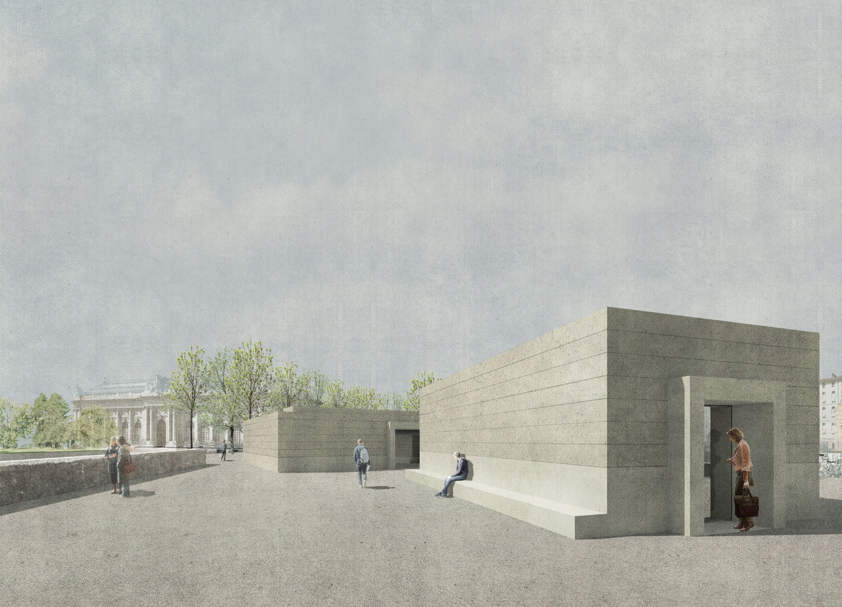 Visuel du premier prix attribué en février 2017 à l'équipe constituée de l'Atelier_Traces Architectes (Genève), ESTAR arquitectos S.L.P. (Saint-Jacques de Compostelle, Espagne) et Kälin &amp; associés SA (Lausanne).