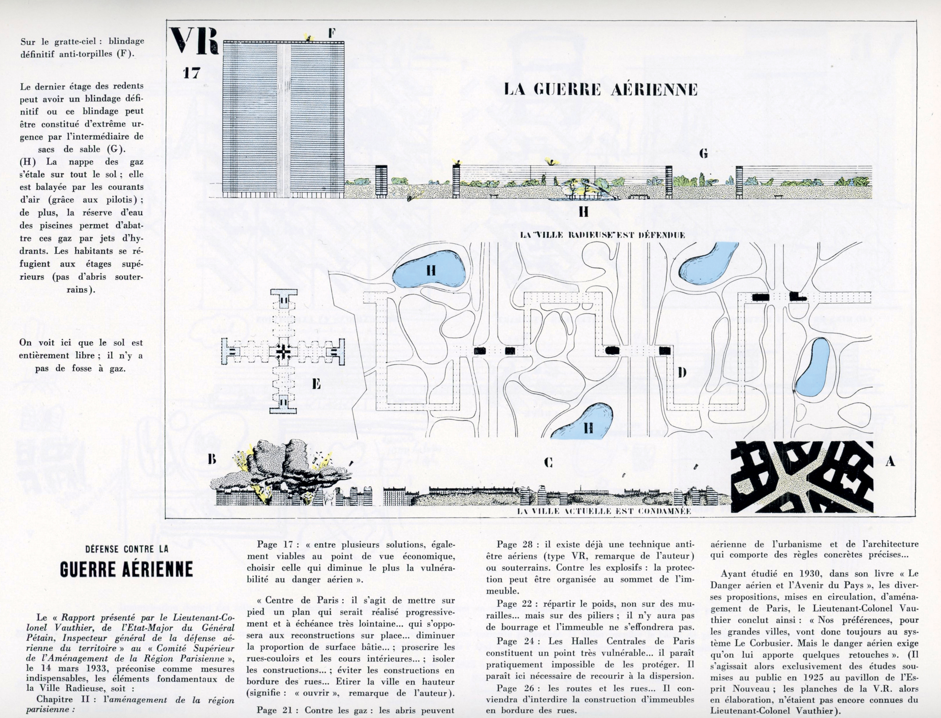 Fig. 2: Le Corbusier, planche 17 de «la ville radieuse» présentée au CIAM de Bruxelles, 1930. D’abord légitimée par un argument hygiéniste,la proposition de Le Corbusier devient une réponse à la guerre aérienne. L’actualité change, les obsessions persistent.