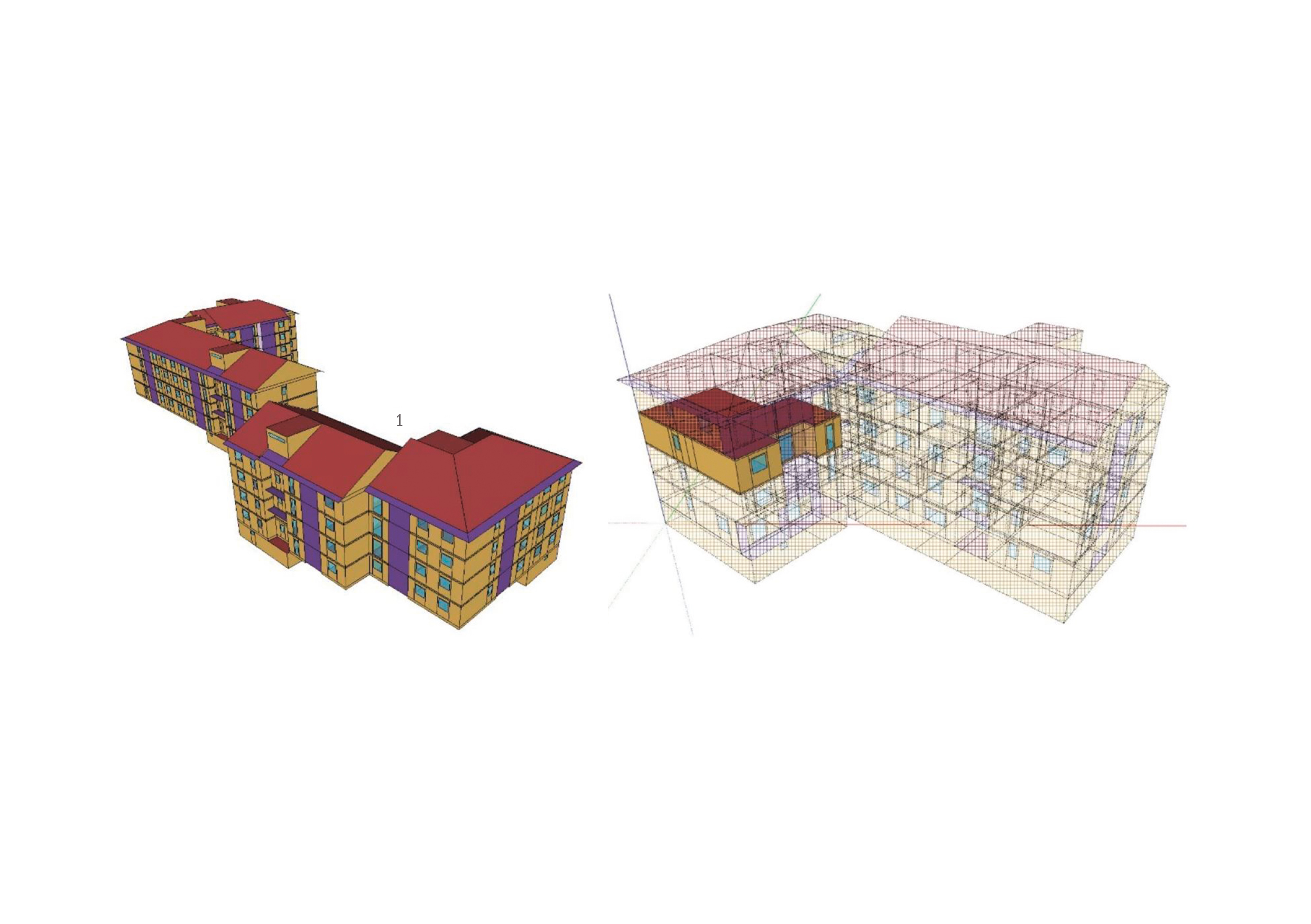 Modello 3D dei due edifici del complesso di edilizia popolare del Comune di Milano (sinistra); particolare della suddivisione in zone termiche a livello di appartamento (destra).
