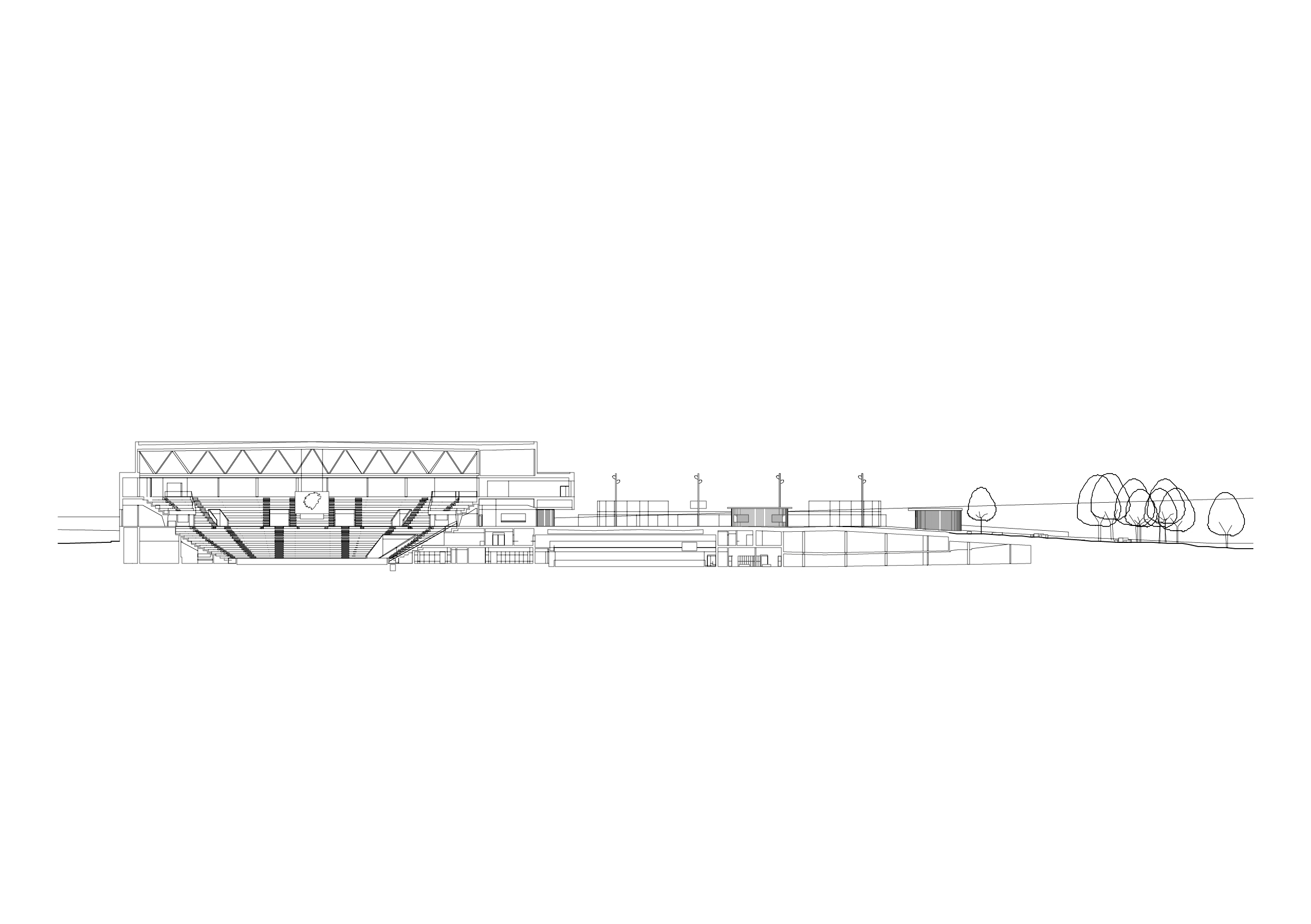 Il Centro sportivo di Malley a Prilly, progettato da Pont12 Architectes. Sezione longitudinale