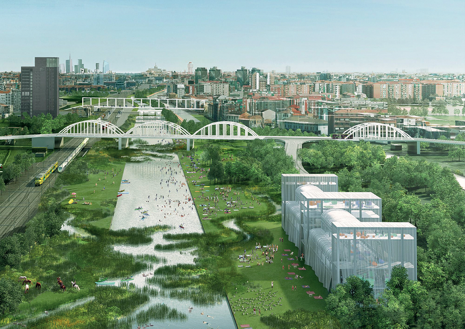 Scalo Farini Masterplan, 2019, portant sur les sites ferroviaires Farini et San Cristoforo au nord et au sud de Milan. OMA et Laboratorio Permanente, Vogt Landscape Architects, et Philippe Rahm Architects comme consultant météorologique.