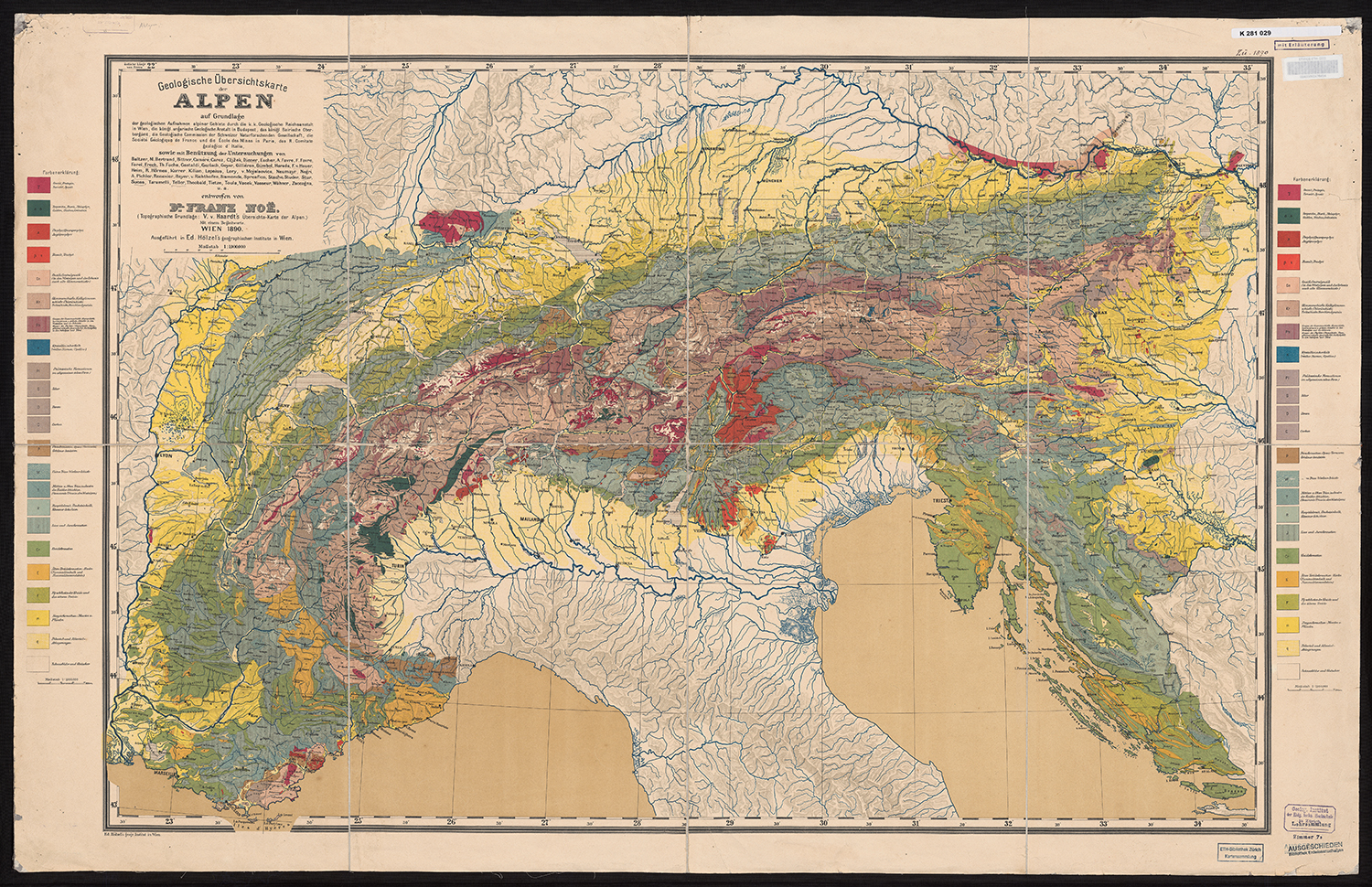 Franz Noë, Geologische Übersichtkarte der Alpen. Wien : Ed. Hölzel, 1890