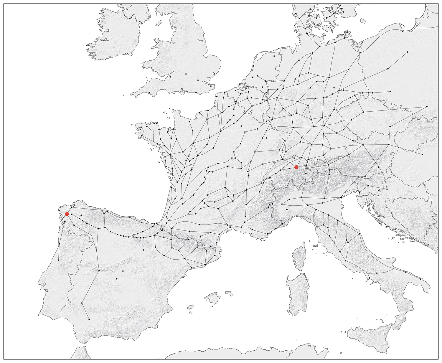L’Europe des pèlerins : les routes du pèlerinage vers Saint-Jacques-de-Compostelle forment un réseau continental. Le couvent bénédictin d’Einsiedeln (en rouge) est une étape importante en Suisse.