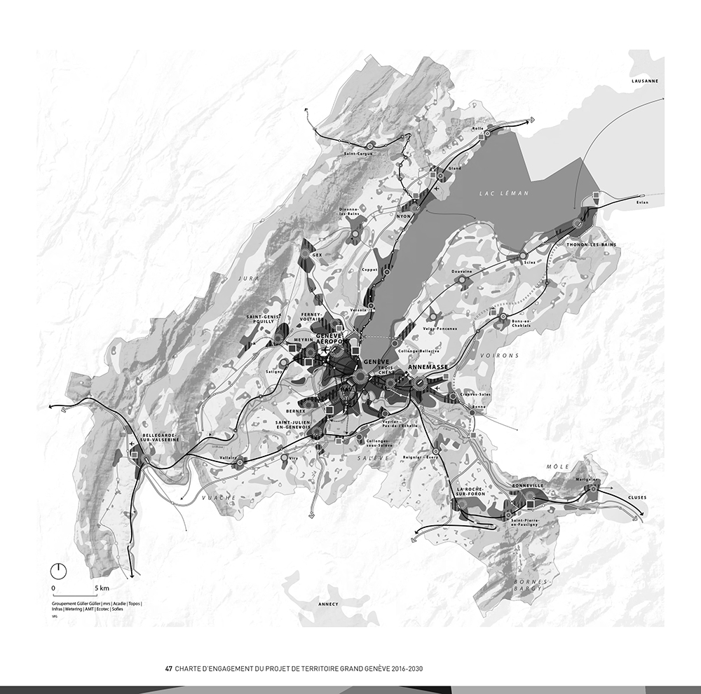 Approche genevoise : la stratégie d’abord. La coopération transfrontalière s’incarne dans une vision à grande échelle, d’inspiration très française, descendante et jacobine : le schéma d’agglomération du Projet de territoire Grand Genève 2016-2030 (3e génération du Projet d’agglomération), extrait.