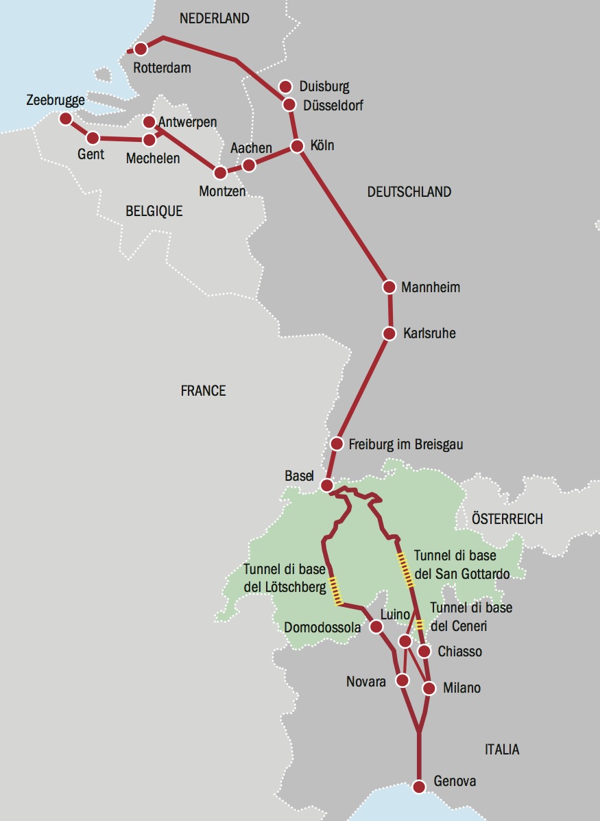 Corridoio ferroviario Reno-Alpi-Porti Liguri di Ponente. Distanza geografica: Rotterdam-Genova 1400 km, Zeebrugge-Genova 1500 km. Lunghezza del tracciato principale: 2500 km. Paesi attraversati: Paesi Bassi, Belgio, Germania, Svizzera, Italia. Sette porti marittimi, oltre dieci porti interni. Circa 100 terminali intermodali.