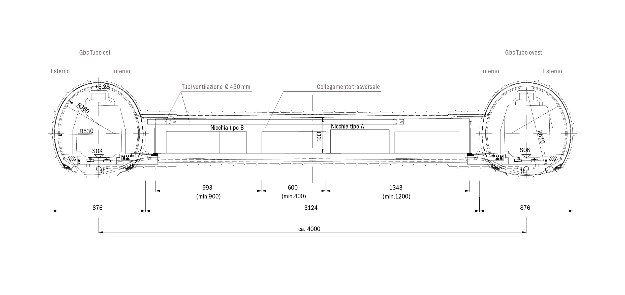 Sezione tipo del collegamento trasversale (CT). In totale sono stati realizzati 48 CT a una distanza regolare di circa 325 m. La lunghezza è variabile, compresa tra circa 15 m e 280 m; quelli standard (la maggior parte) presentano una lunghezza pari a circa 30 m. I collegamenti sono chiusi su entrambi i lati da portoni scorrevoli stagni, sono dotati di un sistema di ventilazione e hanno un pavimento tecnico sotto il quale sono alloggiati tutti i cavi che collegano le apparecchiature tecniche alla galleria.