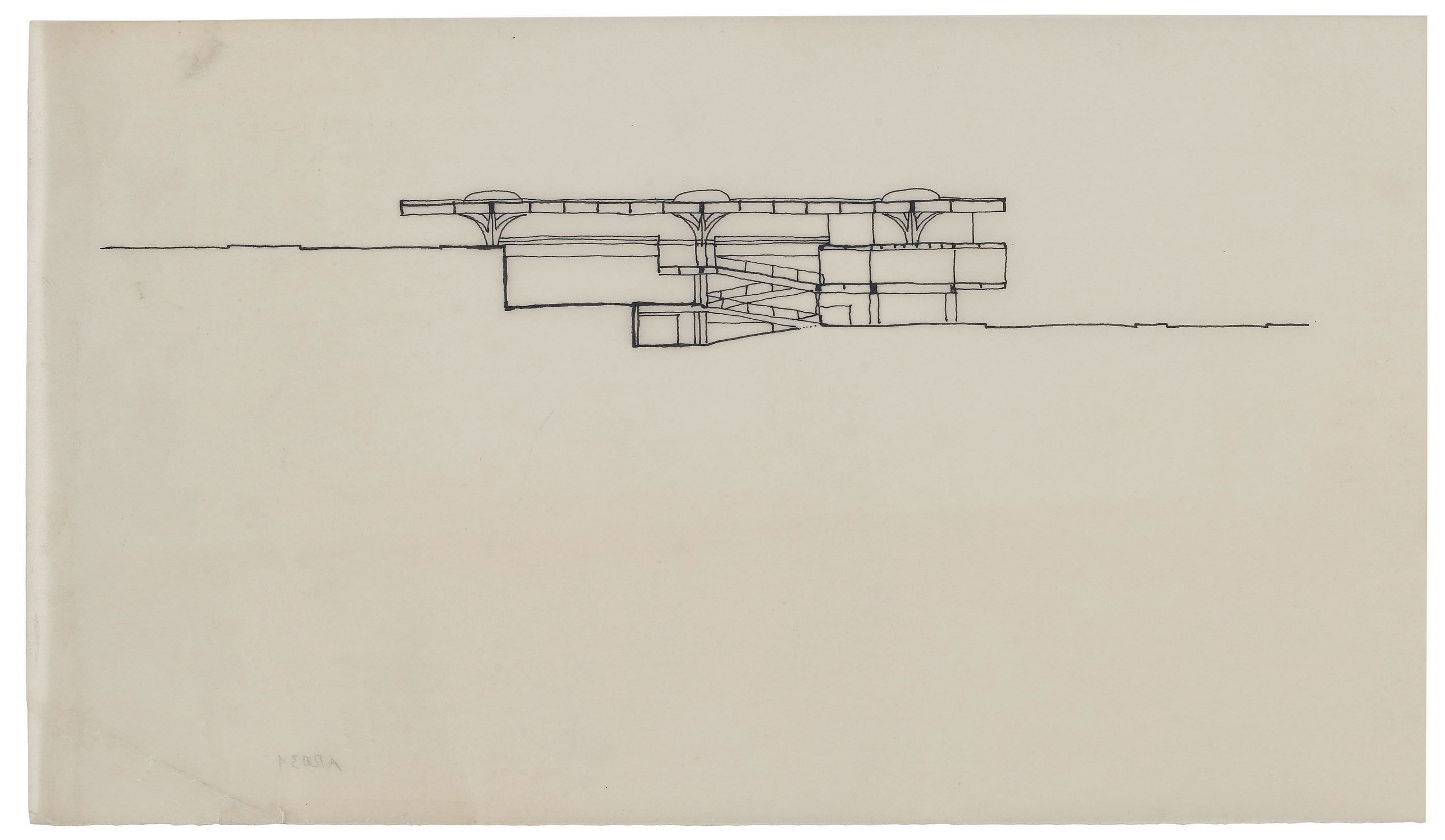 Façades du Santa Paula Yacht club (Vilanova Artigas et Carlos Cascaldi, 1961). Feutre nankin sur papier végétal.