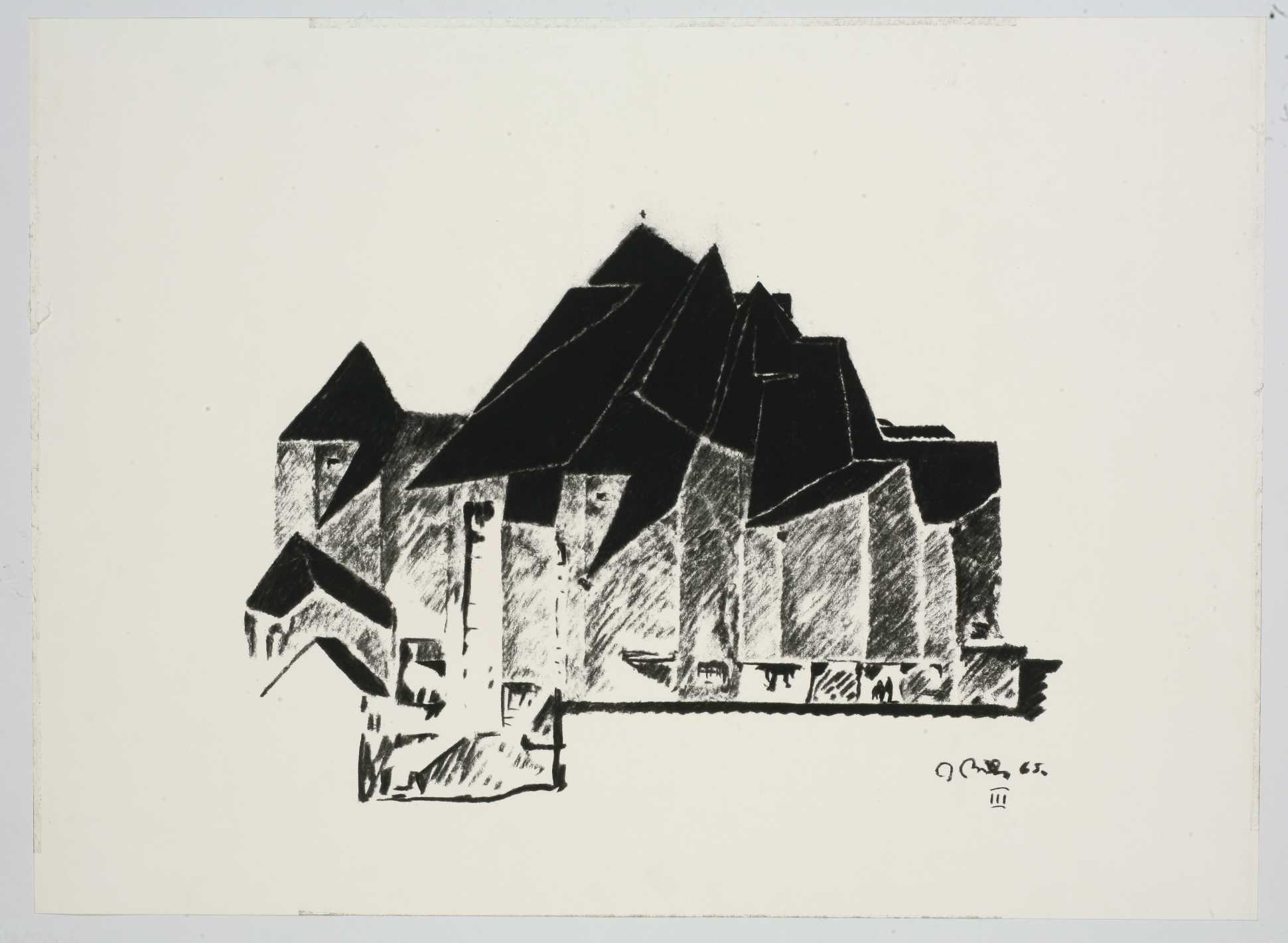 Gottfried Böhm, Wallfahrtskirche Maria Königin des Friedens, Neviges (D), 1965 ; vue sur carton