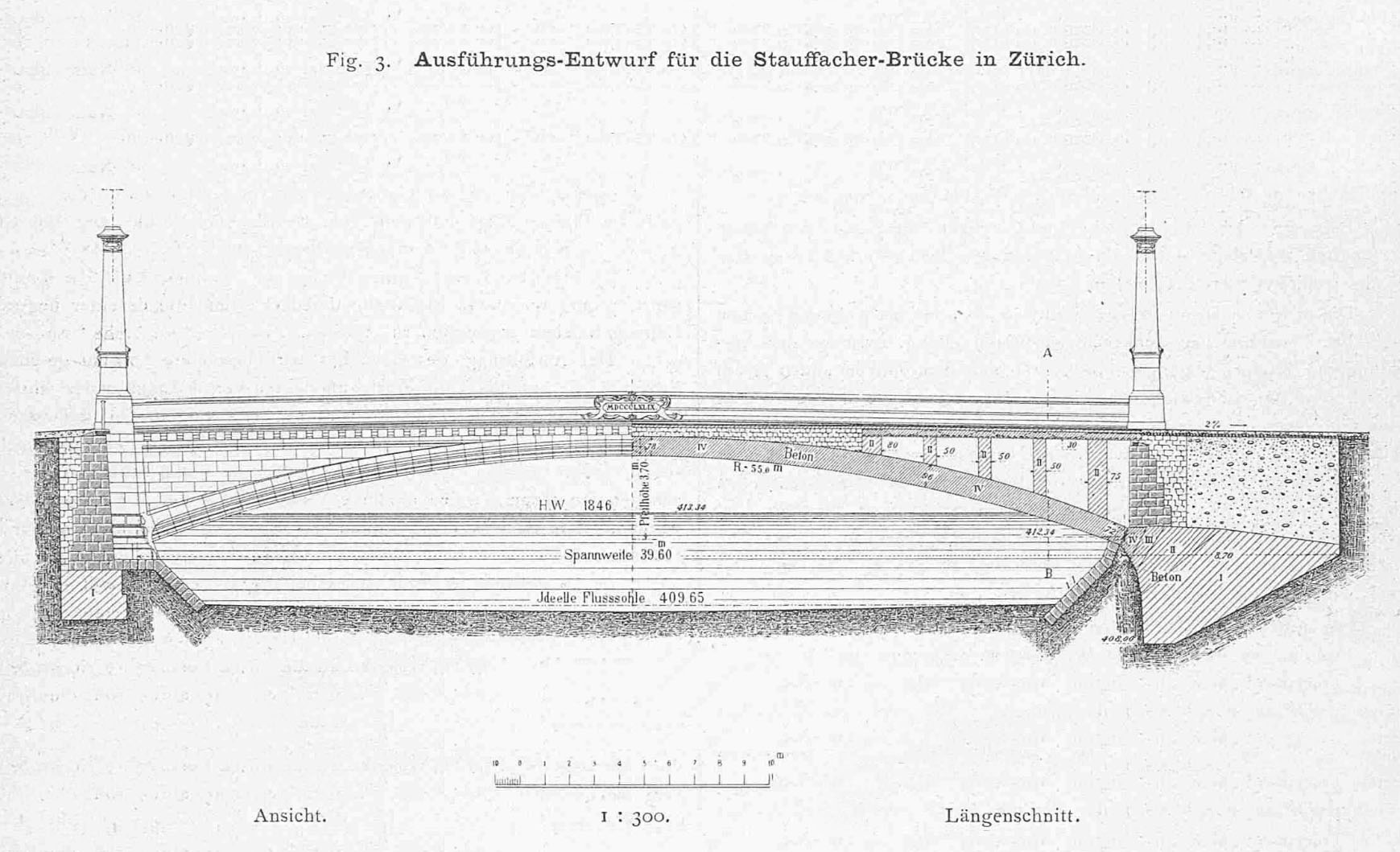 Robert Maillart participe à la conception du Stauffacher-Brücke à Zurich, 1899 (Schweizerische Bauzeitung, 33-34/1899). Bien que réalisé en béton armé, le pont est entièrement revêtu de pierres.