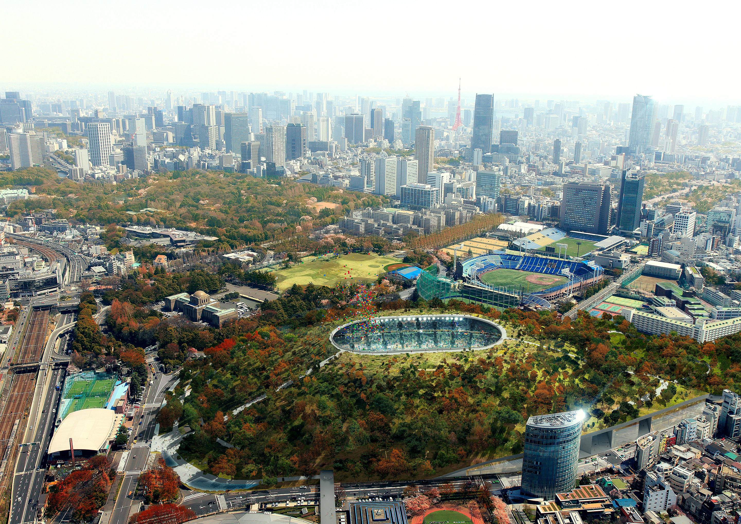Mitten in Tokyo entsteht das Stadion, das grossenteils unter einem begehbaren Hügel verschwindet: Kofun Stadium, Tokio 2012.