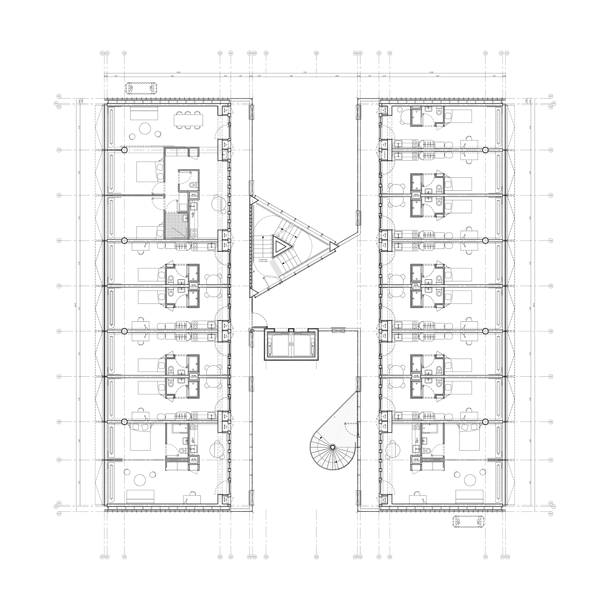 Bruther, Residenza per ricercatori universitari «Maison Julie-Victoire Daubié», Parigi, 2014-2018; pianta del piano tipo