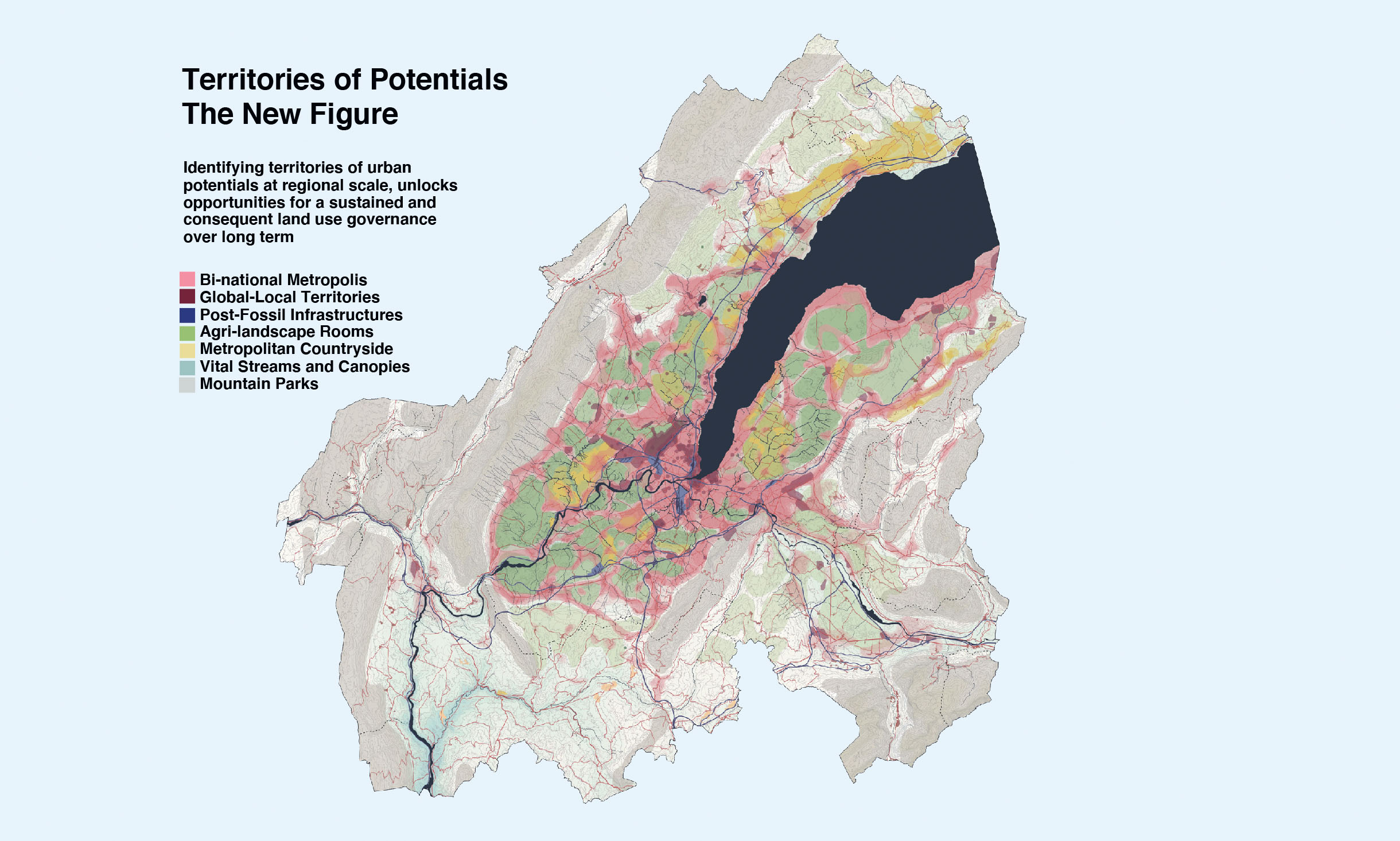 Équipe «Grand Genève et son sol: propriété, écologie, identité». Le nouveau visage du Grand Genève articulé autour de sept caractères urbains et paysagers: une métropole binationale, des territoires globaux-locaux, des infrastructures post-carbone, des pièces de paysage agricole, une campagne métropolitaine, des espaces naturels essentiels, des parcs de montagne.
