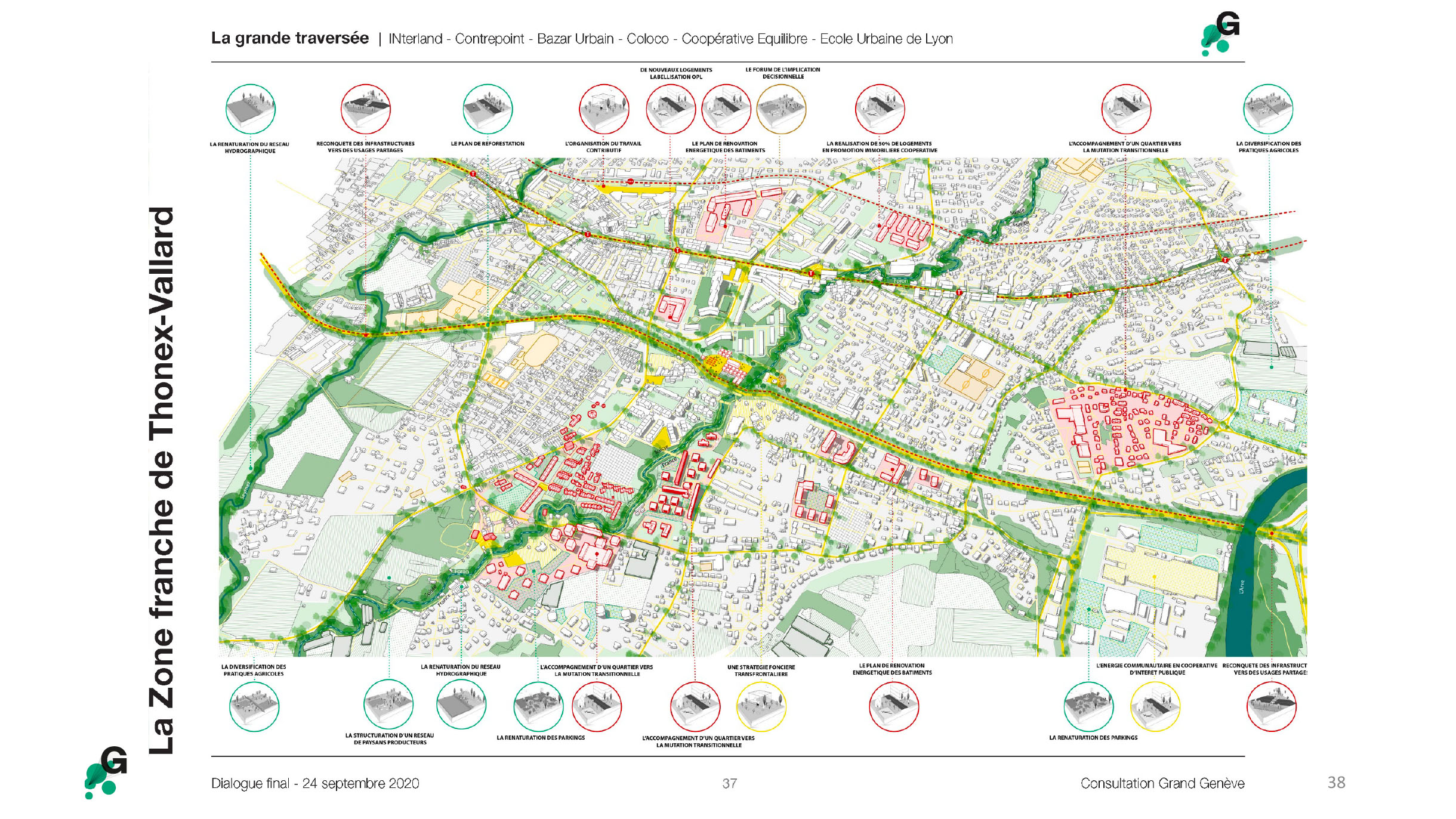 Équipe « La grande traversée : à la recherche des écologies singulières ». Un territoire démonstrateur : la zone franche de Thônex-Vallard, espace transfrontalier sur lequel tester de nouveaux cadres réglementaires et lancer des actions pour transformer le tissu existant en déclinant sur le territoire les valeurs des coopératives.