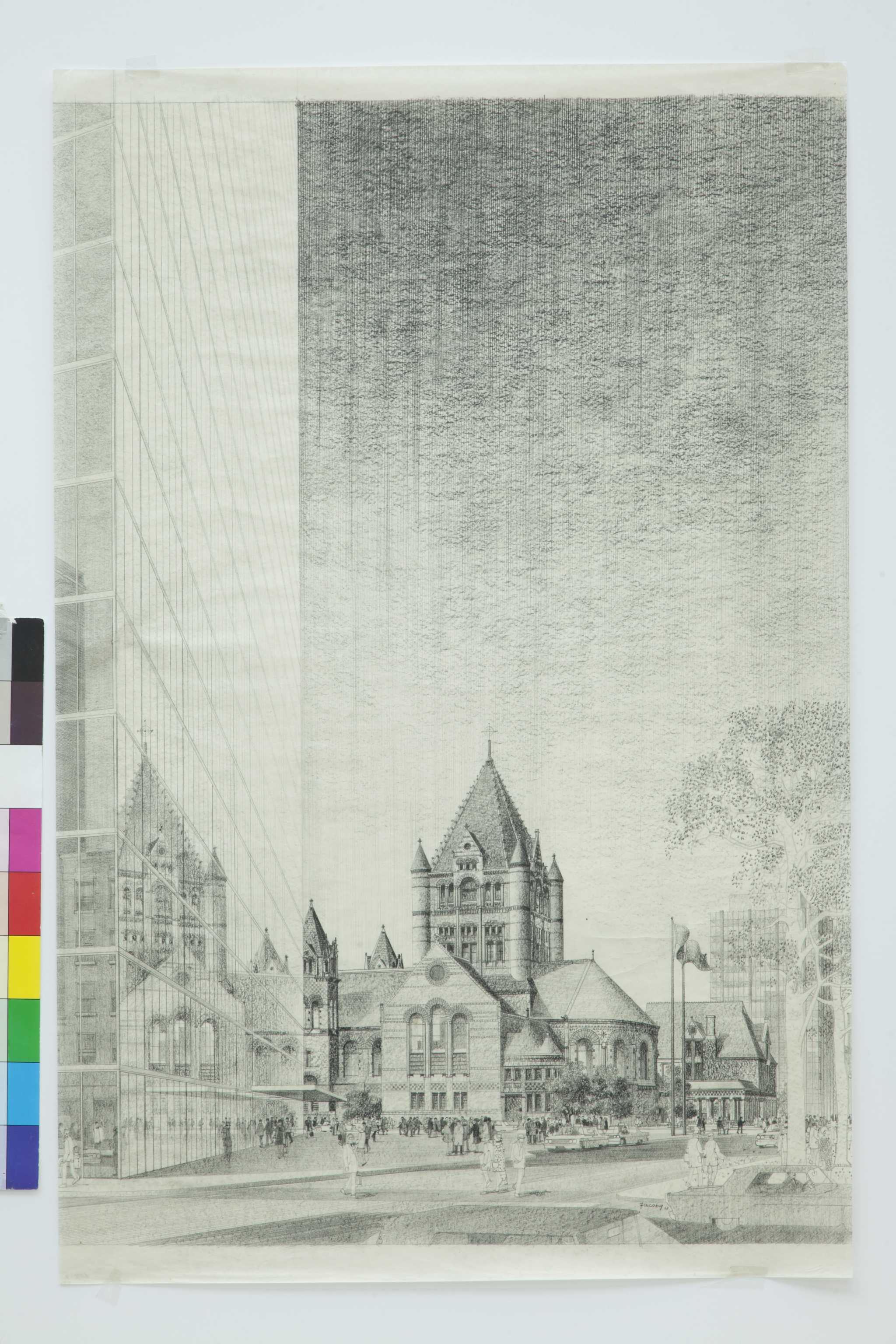 Helmut Jacoby (Renderer), John Hancock Tower (Architecte Ieoh Ming Pei), Boston (USA), 1968 ; dessin de présentation ; encre et crayon sur papier transparent
