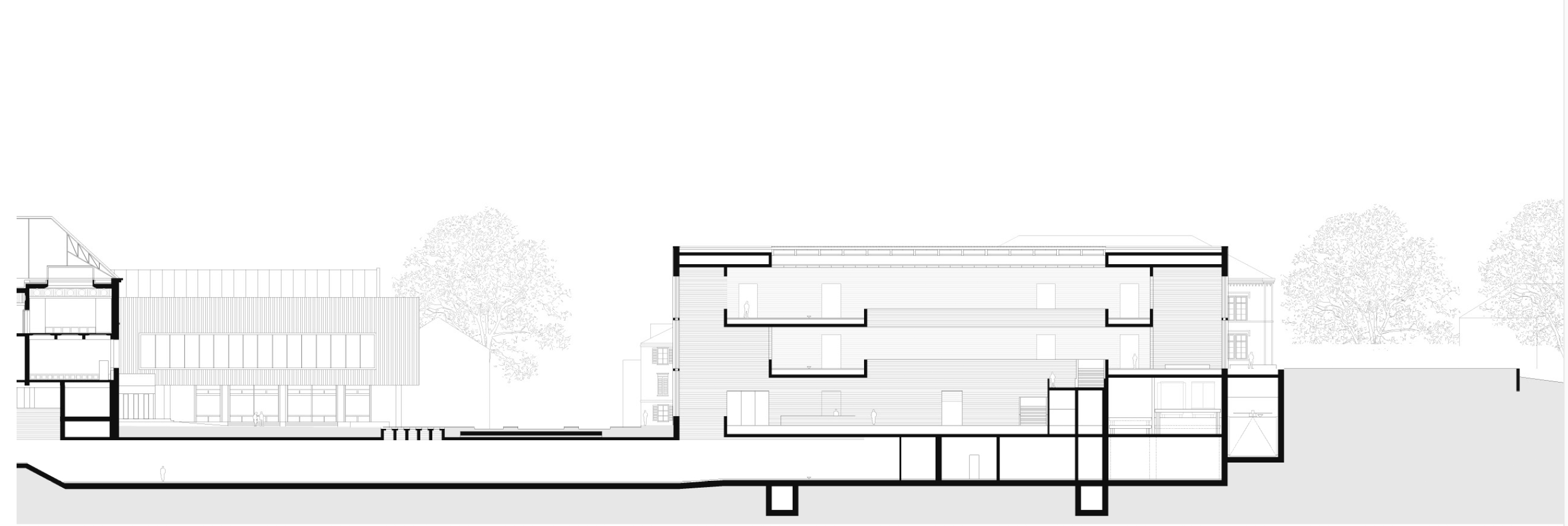«Aglaia»: Längsschnitt, Mst. 1:1000 Ein Tunnel verbindet die Museumsteile unter dem Heimplatz. Eine durchgesteckte Halle mit einer dreiläufigen Treppe und Galerien bildet das Zentrum des Neubaus.