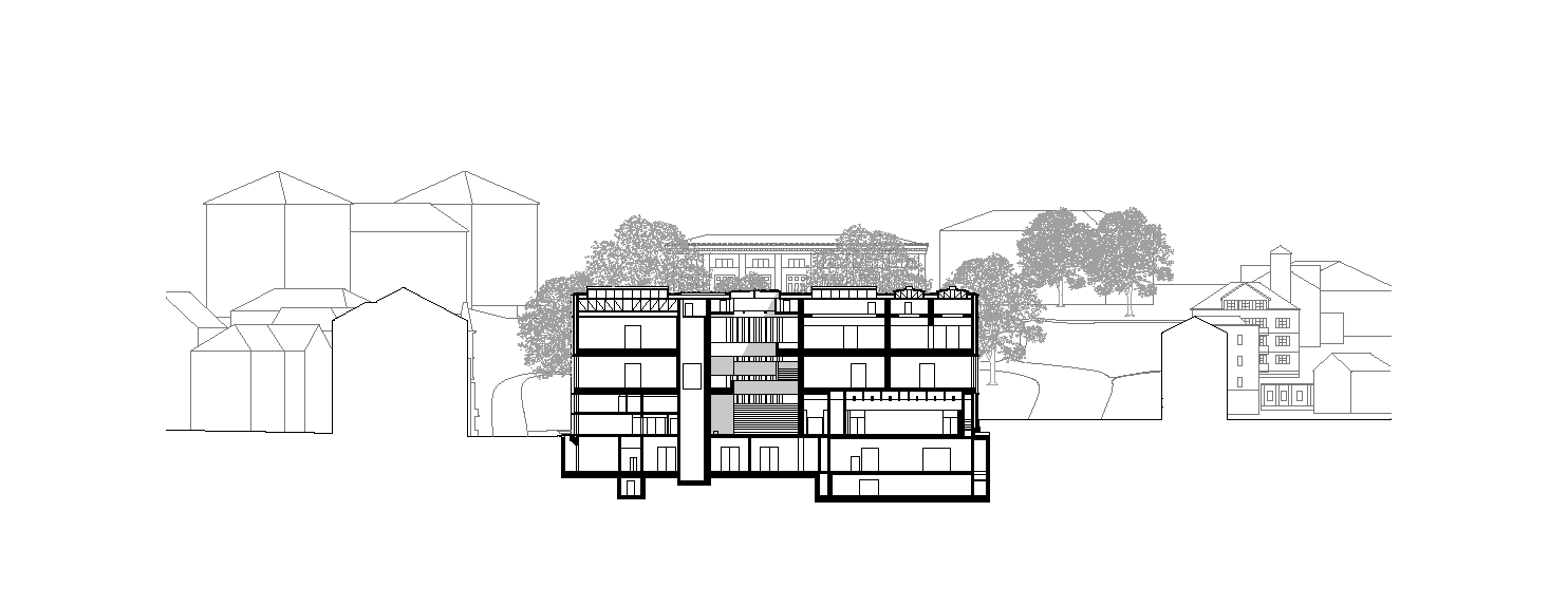 Querschnitt durch den Erweiterungsbau mit Blick Richtung Hochschulquartier.